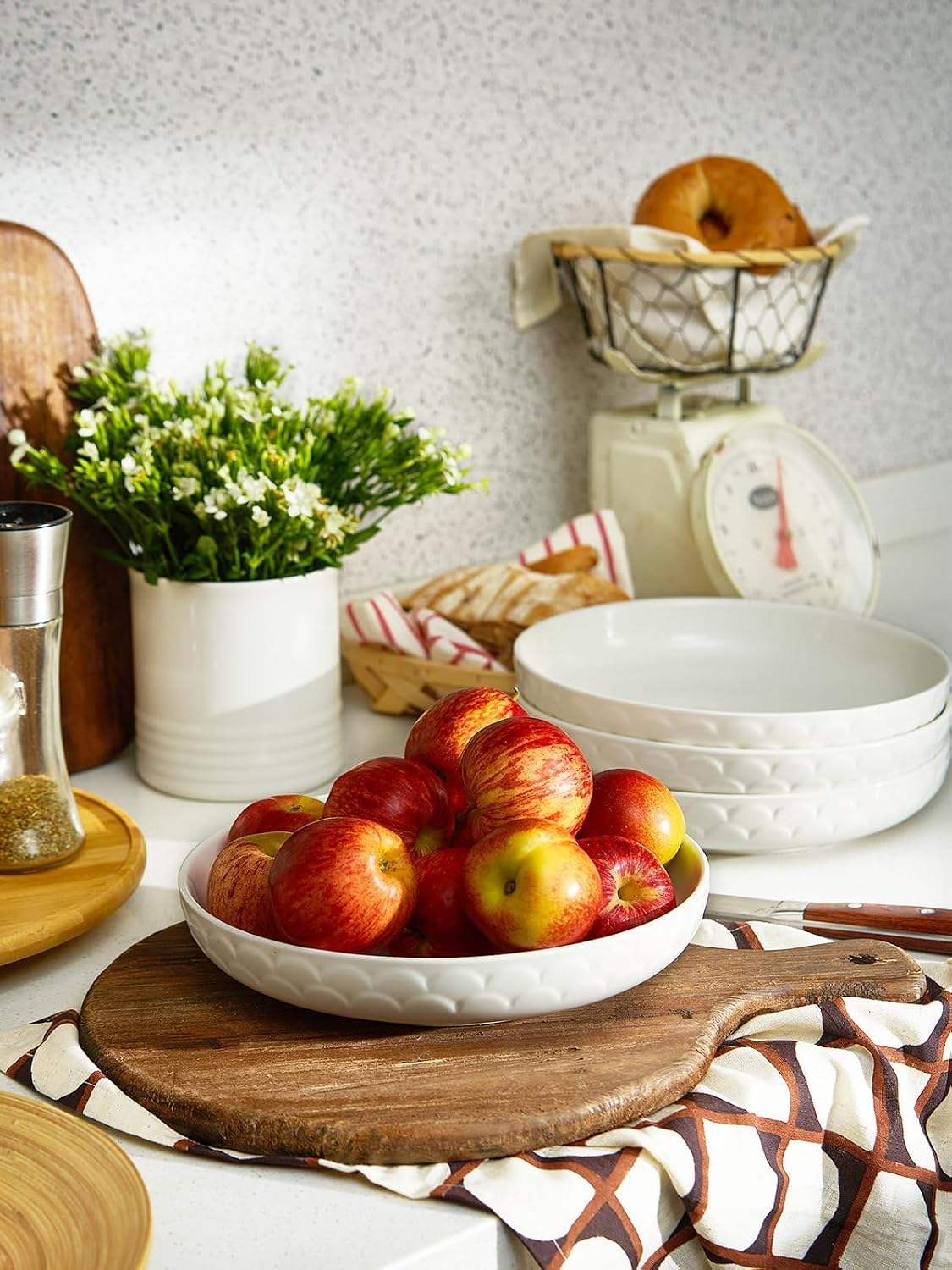 DOWAN Pasta Bowls Set of 4 for Large Portions, 54 oz Textured Motif Large Salad Serving Bowls, Ceramic Plates, White Soup Bowl for Kitchen Meal Prep