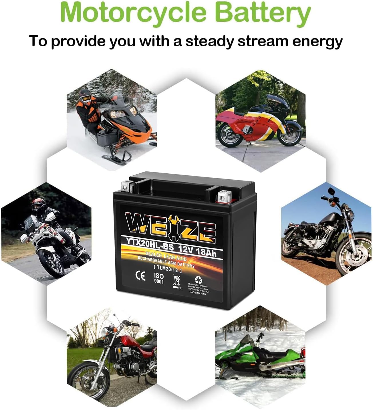 Weize YTX20HL-BS Battery, High Performance - Maintenance Free - Sealed AGM ETX20HL BS Motorcycle Battery