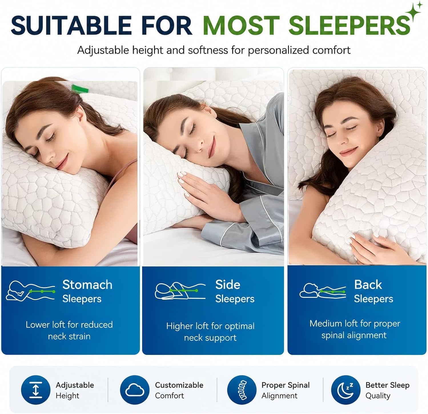 SUPA MODERN Cooling Pillow Queen Size Set of 2, CertiPUR-US Shredded Memory Foam Pillows for Sleeping, Cool Bed Pillows for Hot Sleepers, Adjustable Firm Pillow for Side,Back,Stomach Sleepers