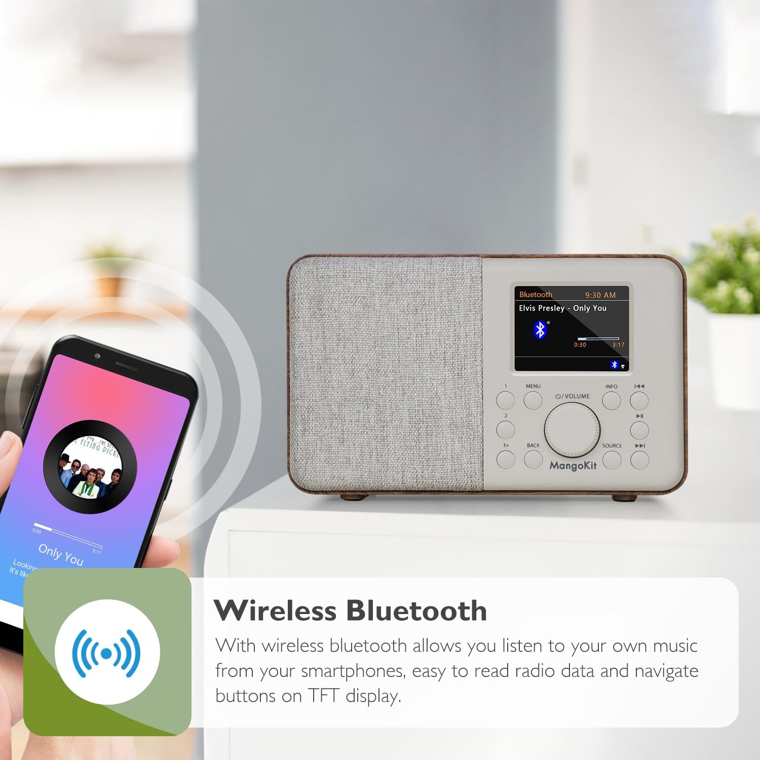 SR10 WiFi Radio, Bluetooth, FM & Internet, Walnut | 60 presets, dual alarms, colour display, OKTIV App control, podcast player, mains or AA battery, headphone jack, compact