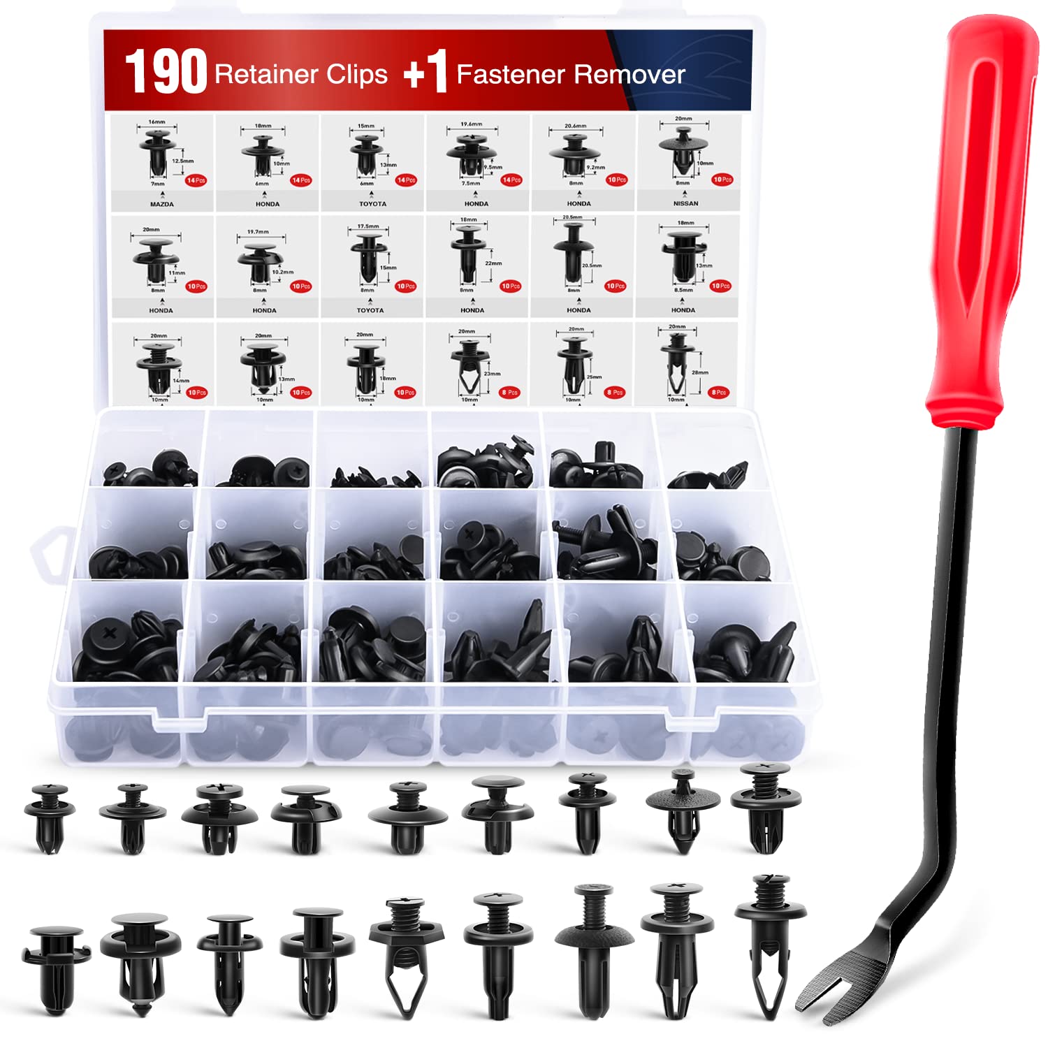 Nilight 190 Pcs Car Retainer Clips Fastener Remover 18 Most Popular Sizes Applications Auto Push Pin Rivets Set -Door Trim Panel Clips for Toyota