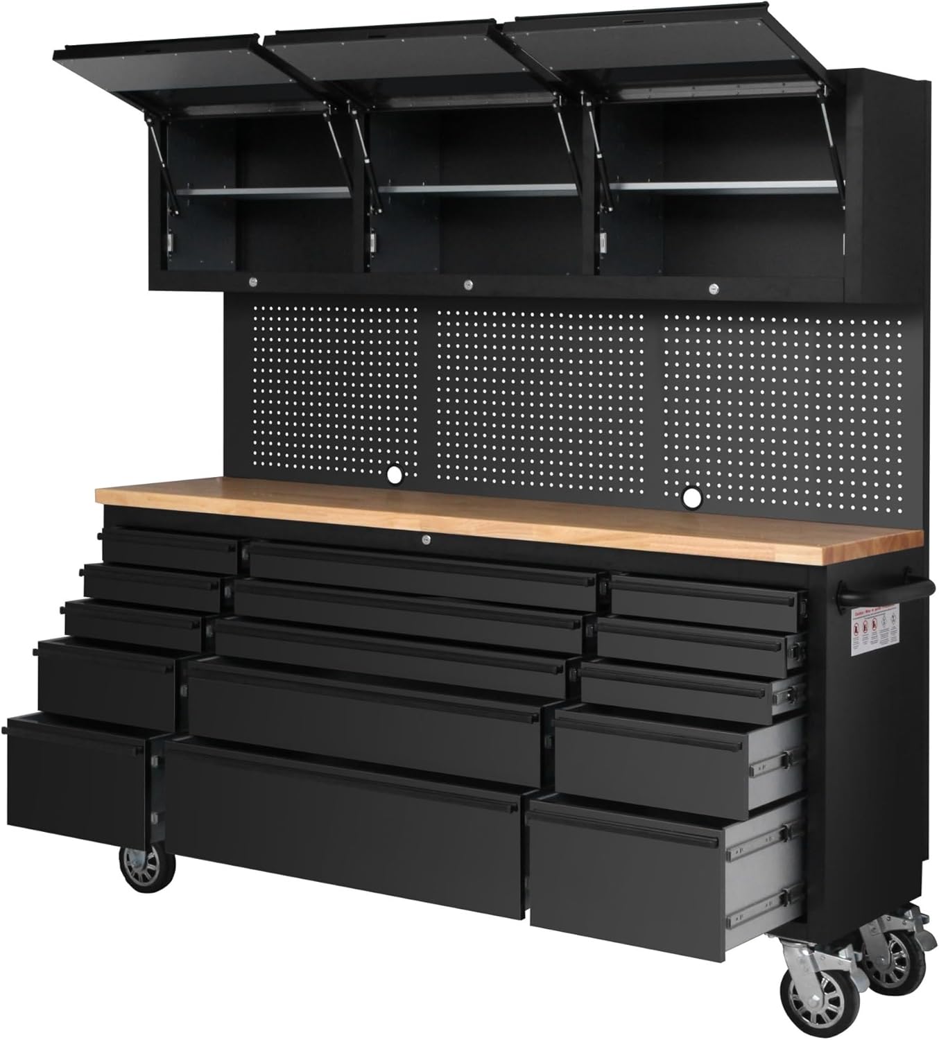 72-inch Tool Chest Cabinet Rolling Garage Workbench with 15 Storage Drawers and Wheels, 3 Upper Cabinet, Pegboard, Steel Large Tool Box,Matte Black