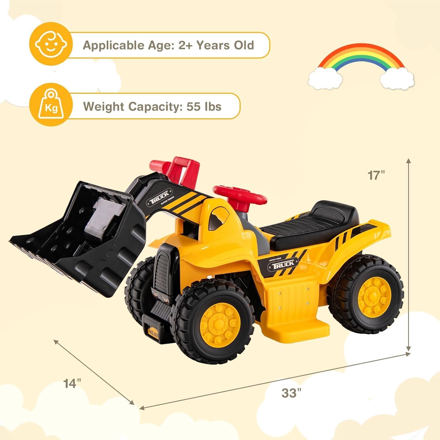 Costzon Ride on Excavator, Ride on Construction Vehicles w/Helmet, 3 Toy Stones, Realistic Sound, Adjustable Bucket & Under Seat Storage, Bulldozer Ride on Toy Gift for Kids Boys & Girls