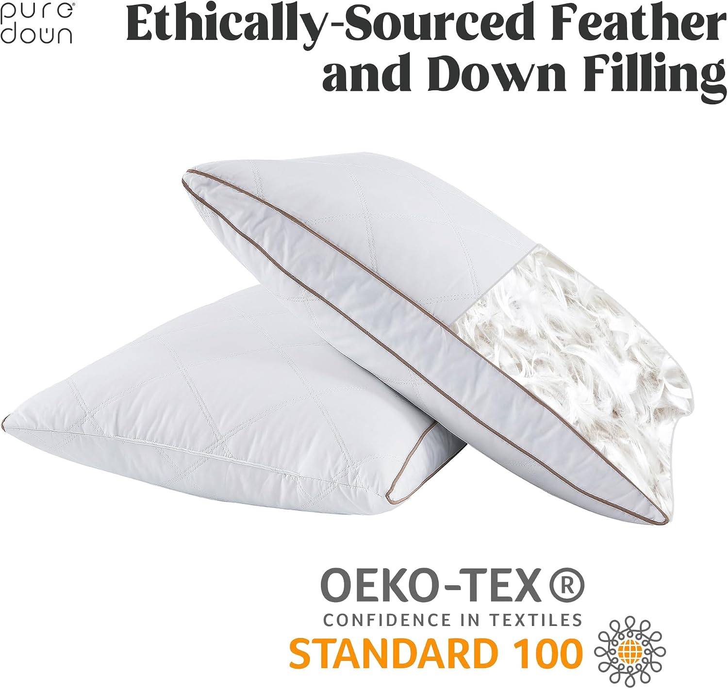 puredown® Goose Feathers and Down Pillow for Sleeping Hotel Collection Bed Pillows, Gusseted, Queen, Set of 2