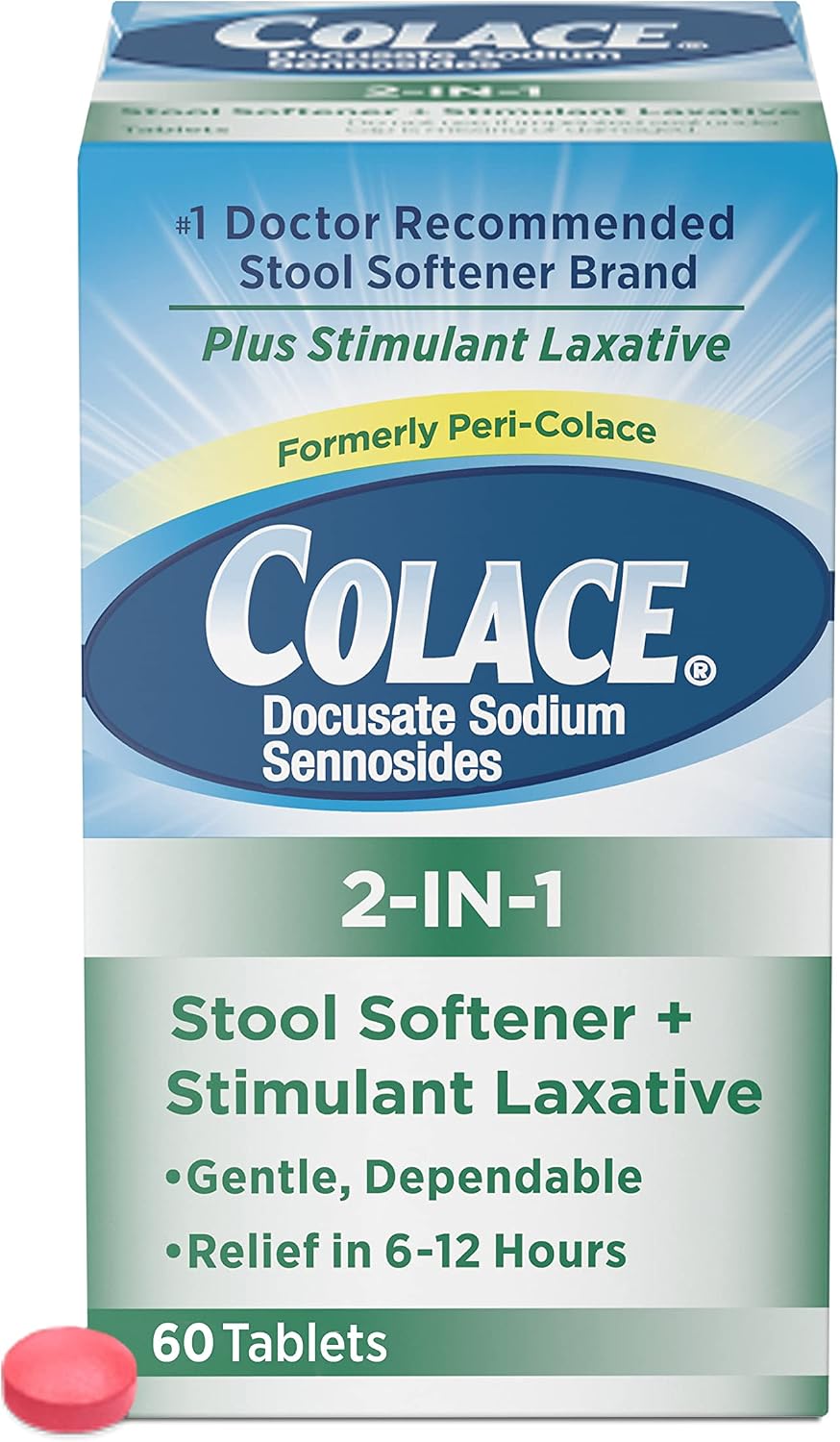 Colace 2-in-1 Stool Softener Plus Stimulant Laxative Tablets, 60 Count