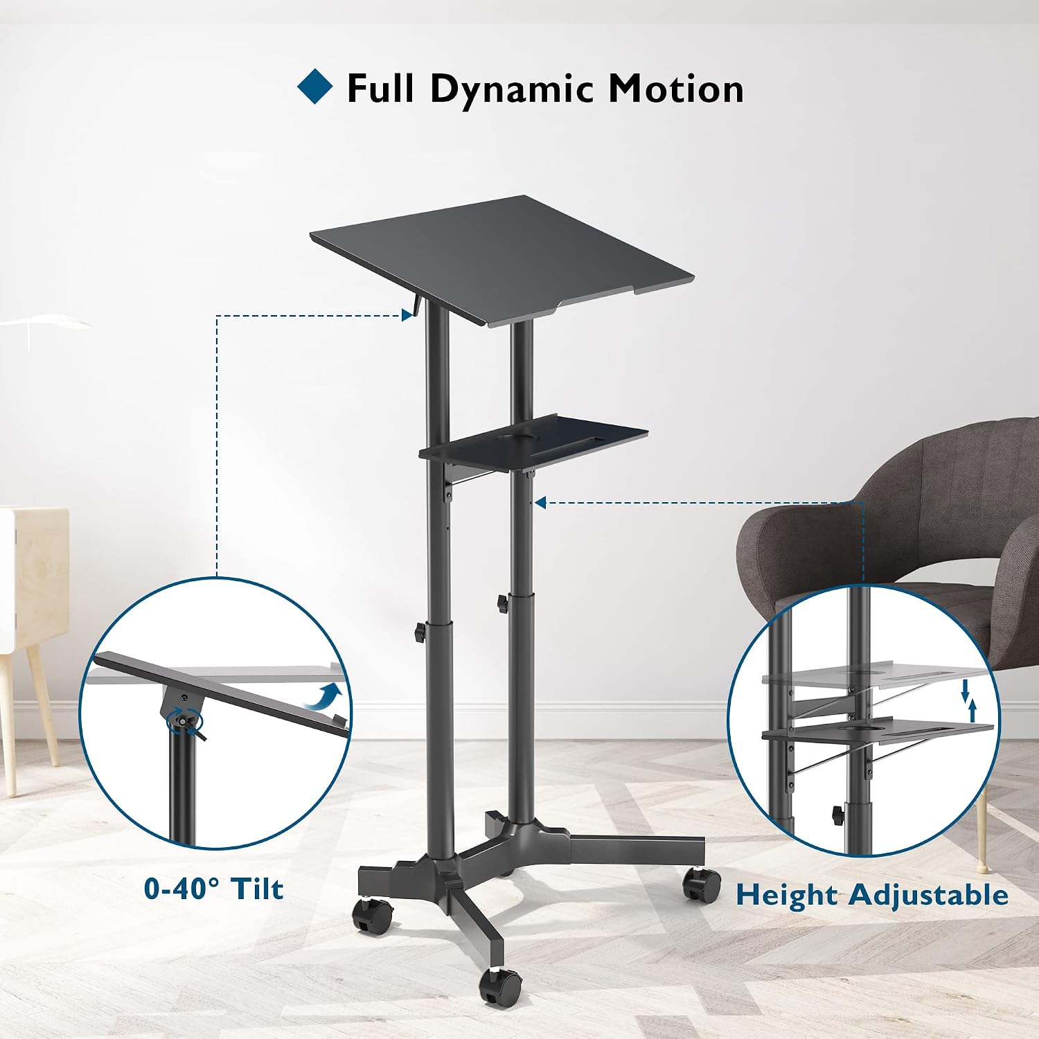 BONTEC Lecterns & Podiums Portable Mobile Standing Laptop Desk, Sit Stand | Height Adjustable, Home Office Classroom Pulpit Stand Up Desk Workstation, Rolling Table Laptop Cart with Storage Tray
