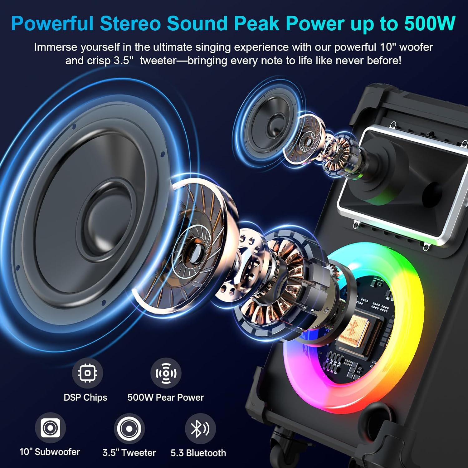 JYX Karaoke Machine with 2 Wireless Mics, 10" Woofer 500W Peak Power Big Portable Bluetooth Speaker with Bass/Treble Adjustment