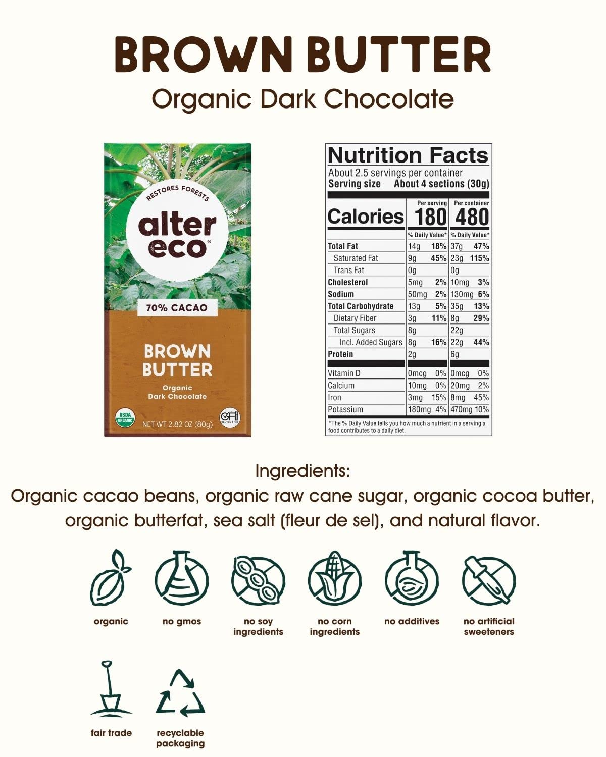 Alter Eco | Dark Chocolate Bars | Pure Dark Cocoa, Fair Trade, Organic, Non-GMO, Gluten Free (Brown Butter)