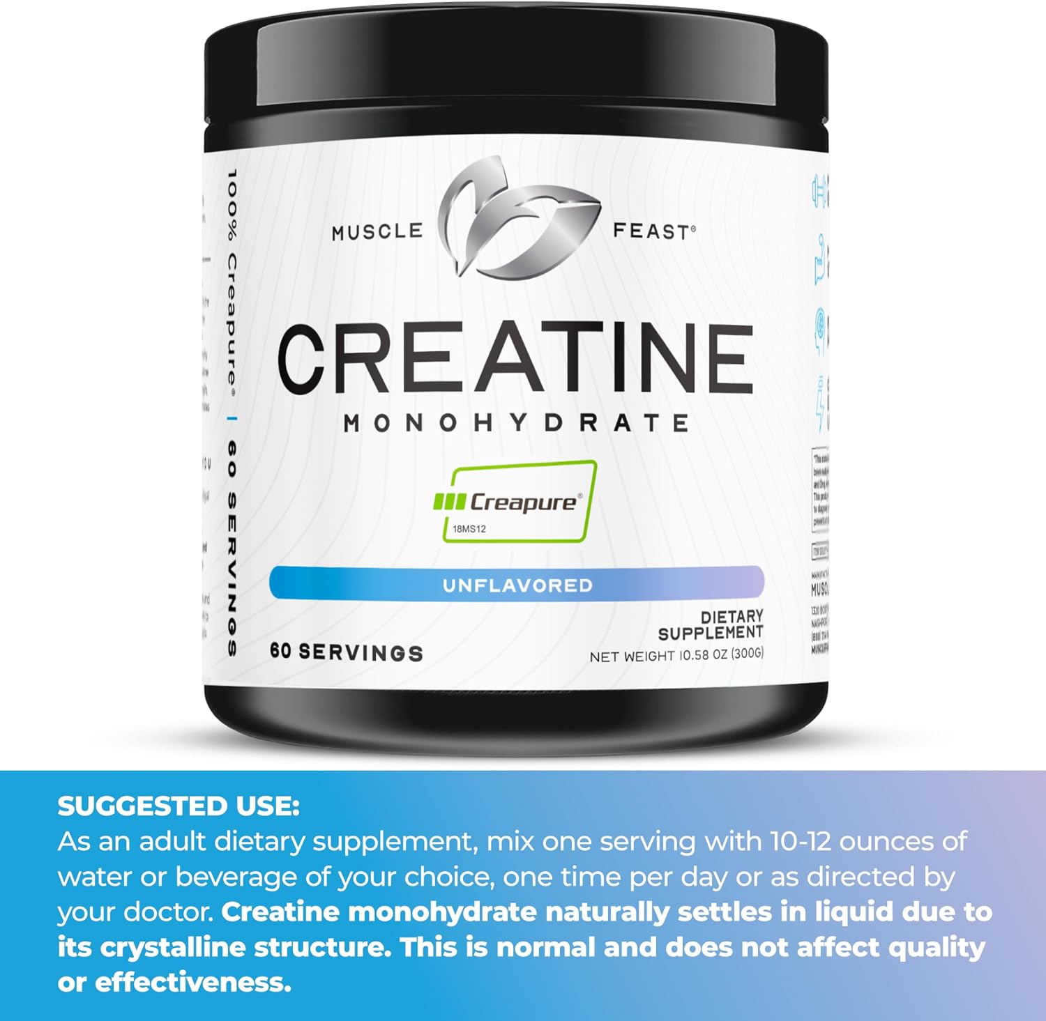 Muscle Feast Creapure Creatine Monohydrate Powder, Unflavored (300g) | Vegan, Non-GMO, Keto Friendly Mass Gainer, Muscle Recovery Supplement & Trusted Creatine for Muscle Growth, Creatine Powder