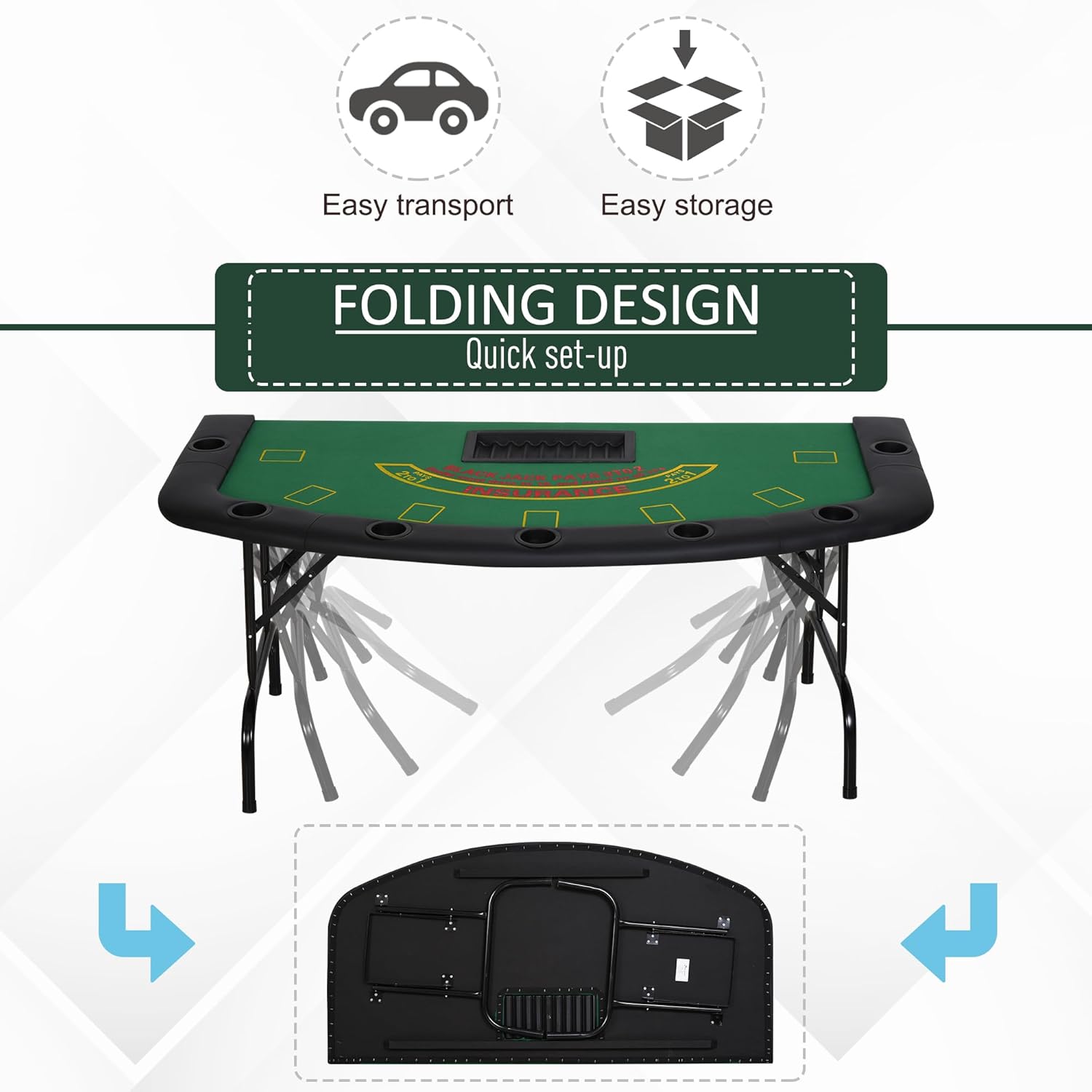 Soozier Poker Table Foldable Blackjack Table for 7 Players 72" Green Felt