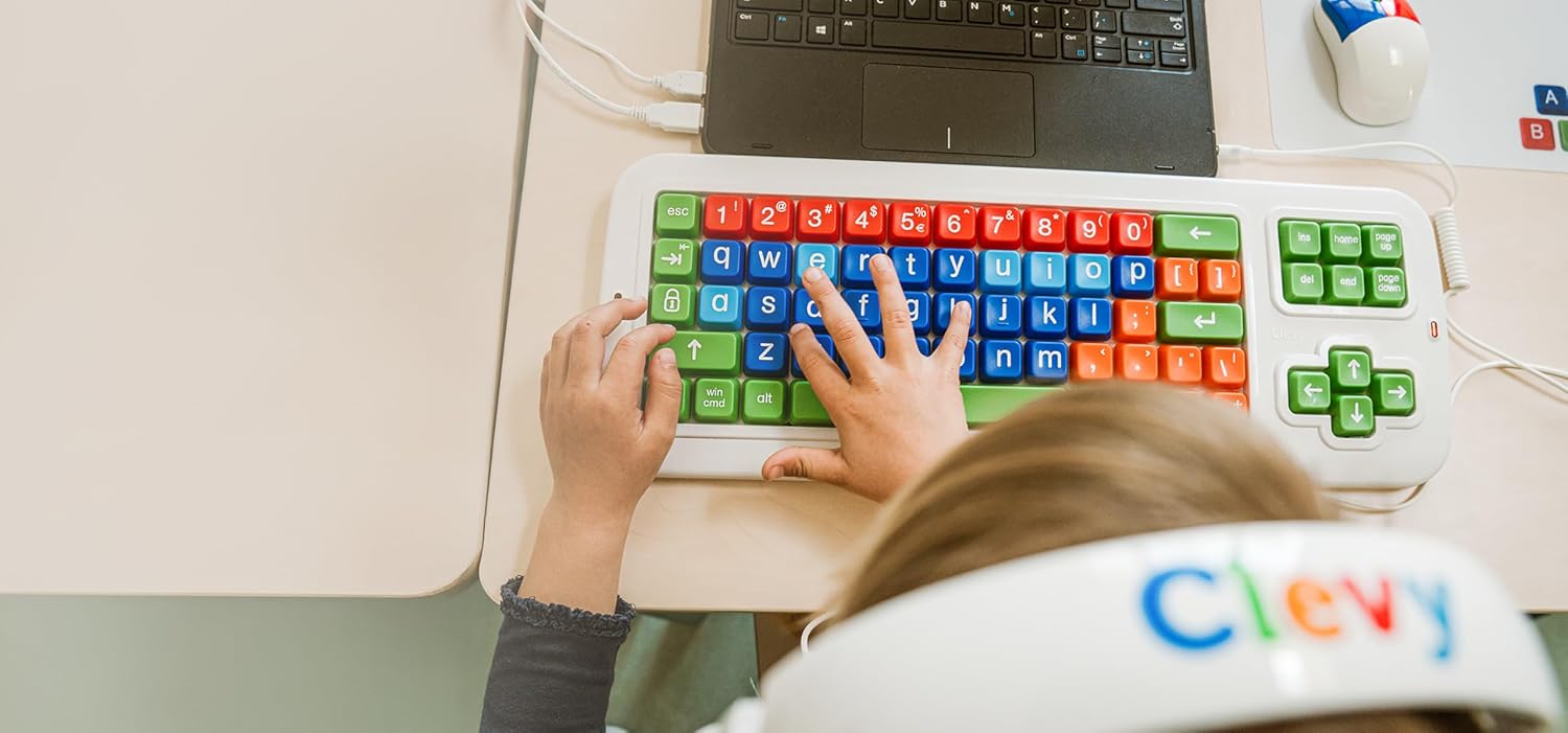Clevy Keyboard Tri-Mode Uppercase - Kids Uppercase USB & Blutooth Compatible Colorful Spill Proof Keyboard for Early Education - Designed to Help Teach Computer and Keyboard Skills to Children