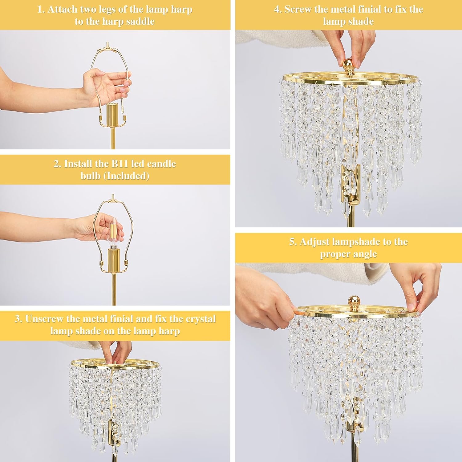 Touch Control Crystal Table Lamp with USB C+A Charging Ports, 3-Way Dimmable Bedside Touch Lamp Decorative Nightstand Lamp with Elegant Lampshade for Living Room Bedroom, B11 LED Bulb Included