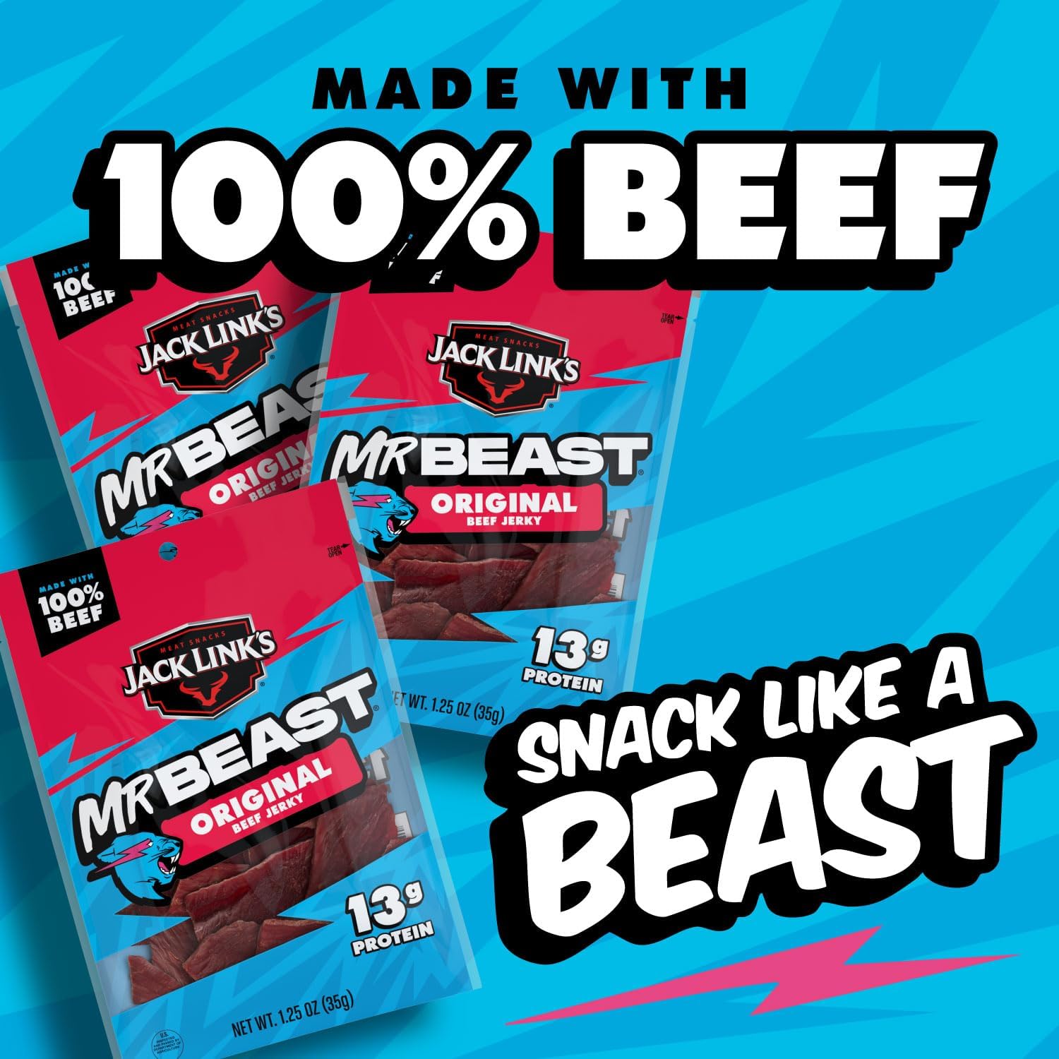 Jack Link's MrBeast Beef Jerky, Peppered Beef Jerky - 10 Count | As Seen on Beast Games, 11g Protein, Made with 100% Real Beef, Pantry-Ready Snacks