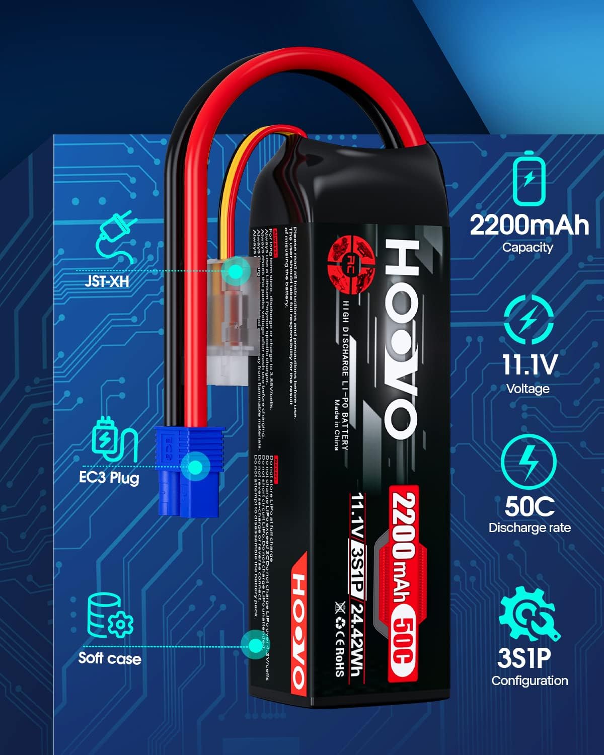 HOOVO 3S 11.1V Lipo Battery 2200mAh 50C with EC3 Plug 2pack | for RC Car Boat Truck Multi-Motor Heli Airplane Quadcopter Helicopter Hobby