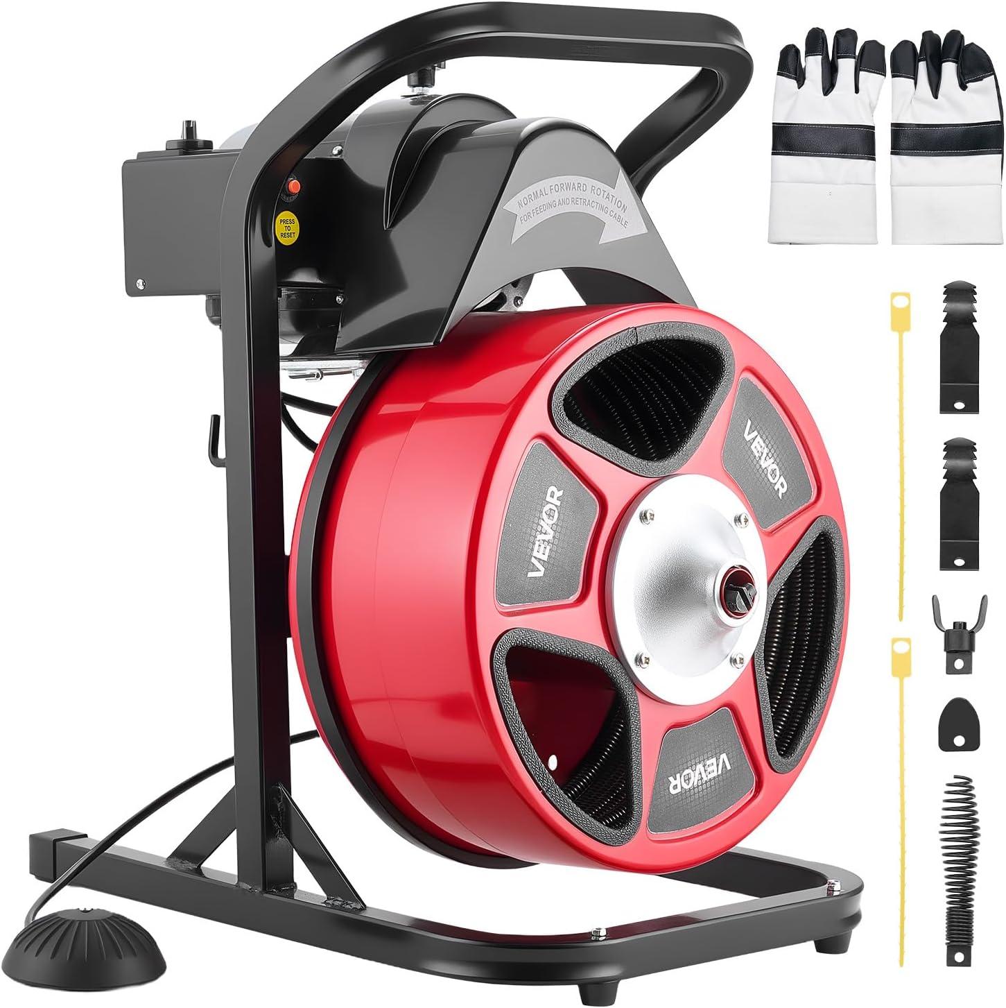 VEVOR Drain Cleaner Machine 50 FT x 1/2 Inch, Manual Feed Sewer Snake Auger with 4 Cutters & Air-Activated Foot Switch for 2" to 6" Pipes