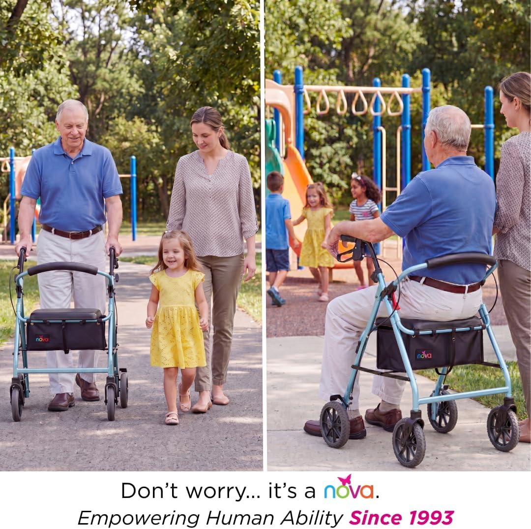 NOVA Zoom 22 Rollator Walker for Seniors, Rolling Walker with Locking Hand Brakes, Padded Seat & 8" Wheels, Lock N Load for Easy Transport & Storage, Adjustable Height 5'5"–6'1", Red