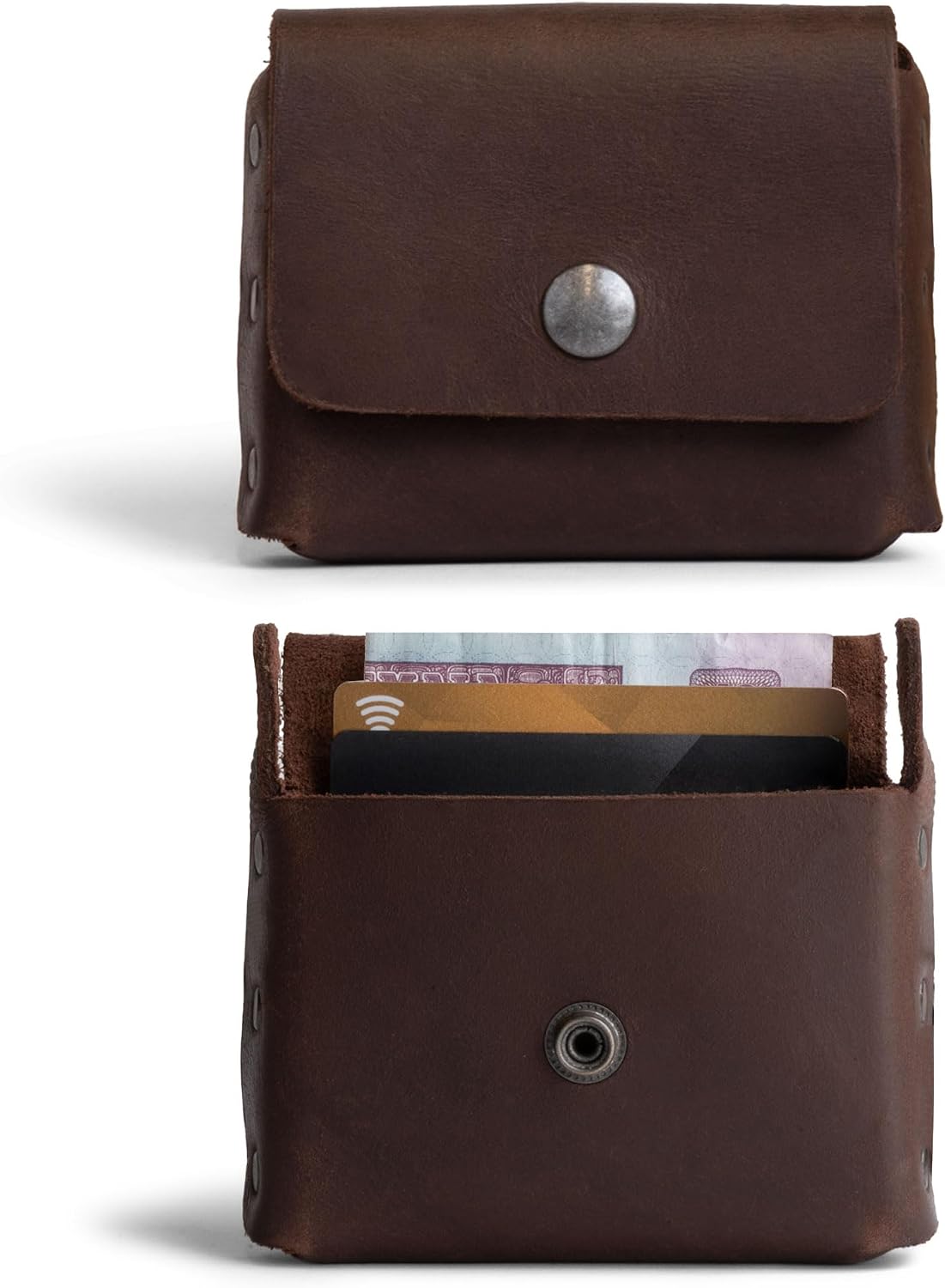 Hide & Drink, Thick Leather Riveted Horizontal Waist Wallet, Holds Up to 12 Cards Plus Folded Bills Coin Holder Organizer, Handmade, Bourbon Brown