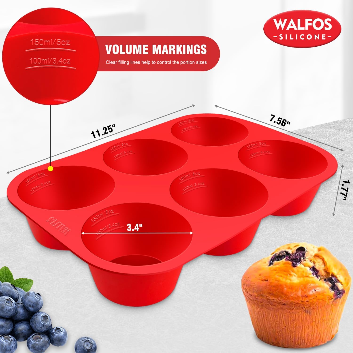 Walfos Silicone Texas Muffin Pan - 6 Cup Jumbo Silicone Cupcake Pan, Non-Stick, Just Release! Perfect for Egg Muffin