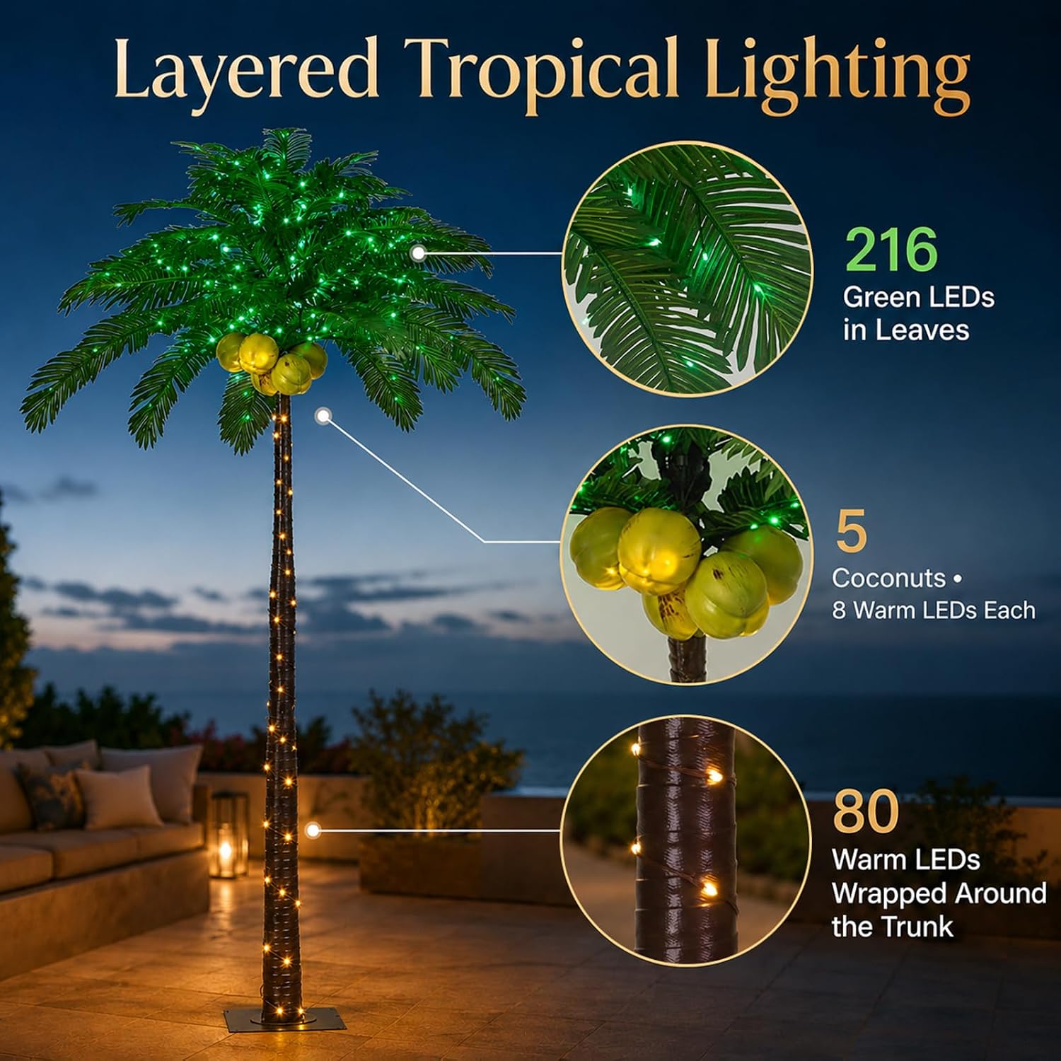 Lightshare 7 Feet Palm Tree 152LED Lights Artificial Fake Tree Decoration for Tiki Bar Outside Patio Porch Pool Christmas Nativity