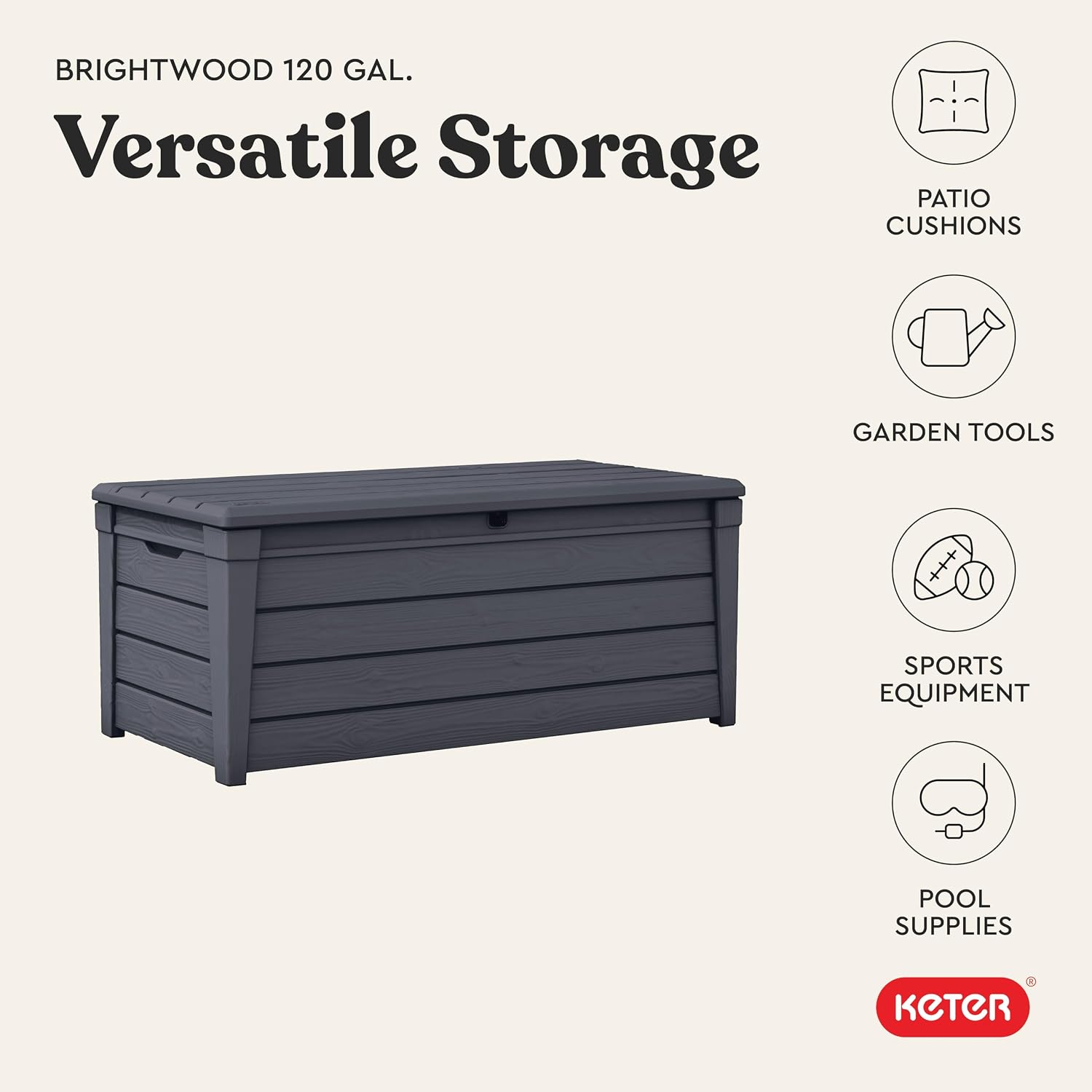 Keter Brightwood 120 Gallon Resin Large Deck Box for Patio Garden, Outdoor Cushion Storage, Pool Accessories, Tools, Grey
