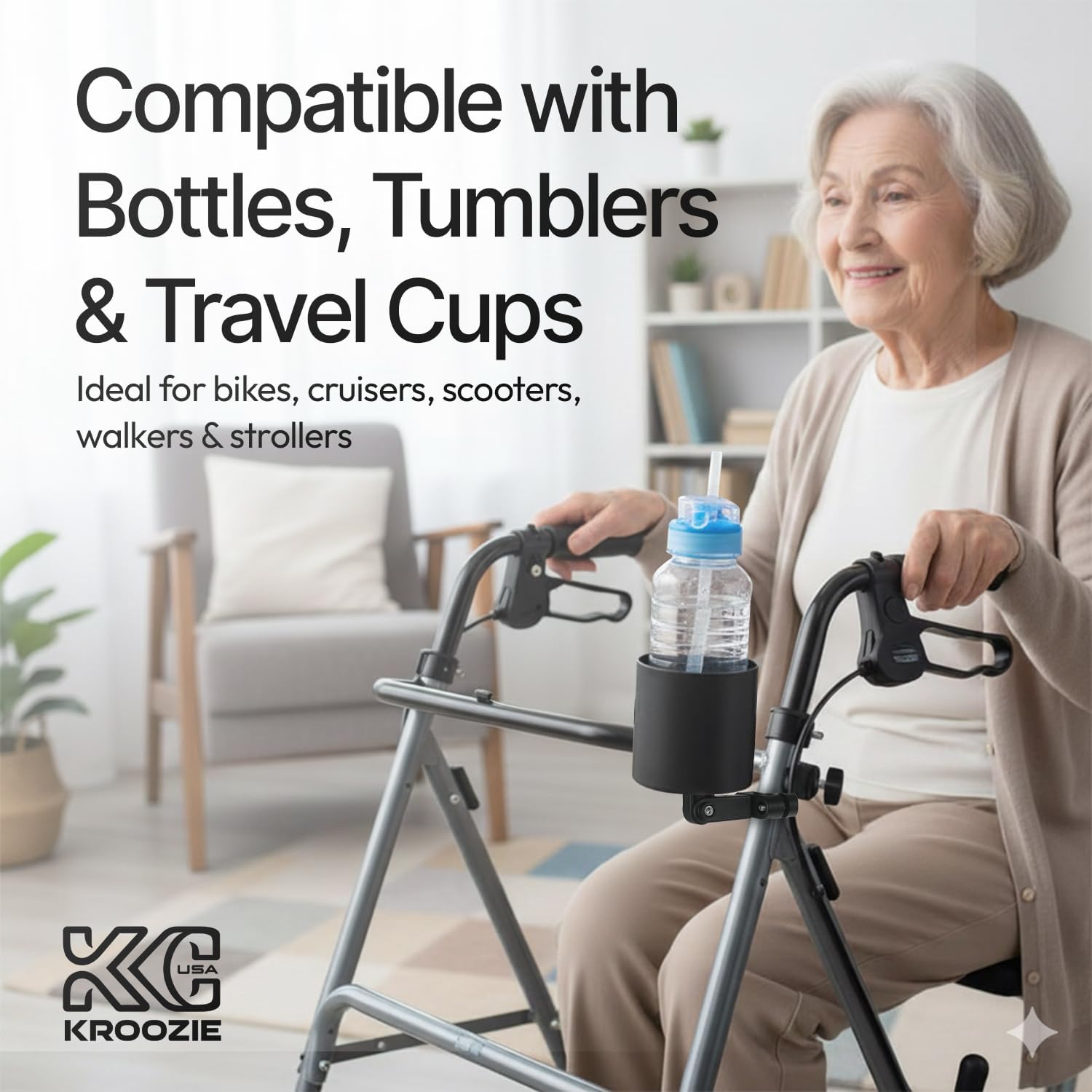 Kroozie Deluxe Bike Bottle Holder – Universal, Stainless Steel Bike Cup Holder for Handlebars – For Vertical or Angled Bars & Drinks up to 48 Oz. – Stroller, Cruiser, & Ebike Accessories