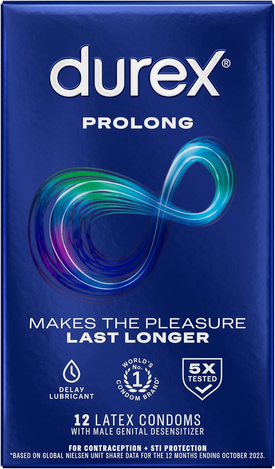 Durex Prolong Condoms with Delay Lubricant, Ribbed & Dotted Condoms for Men, 12 Count
