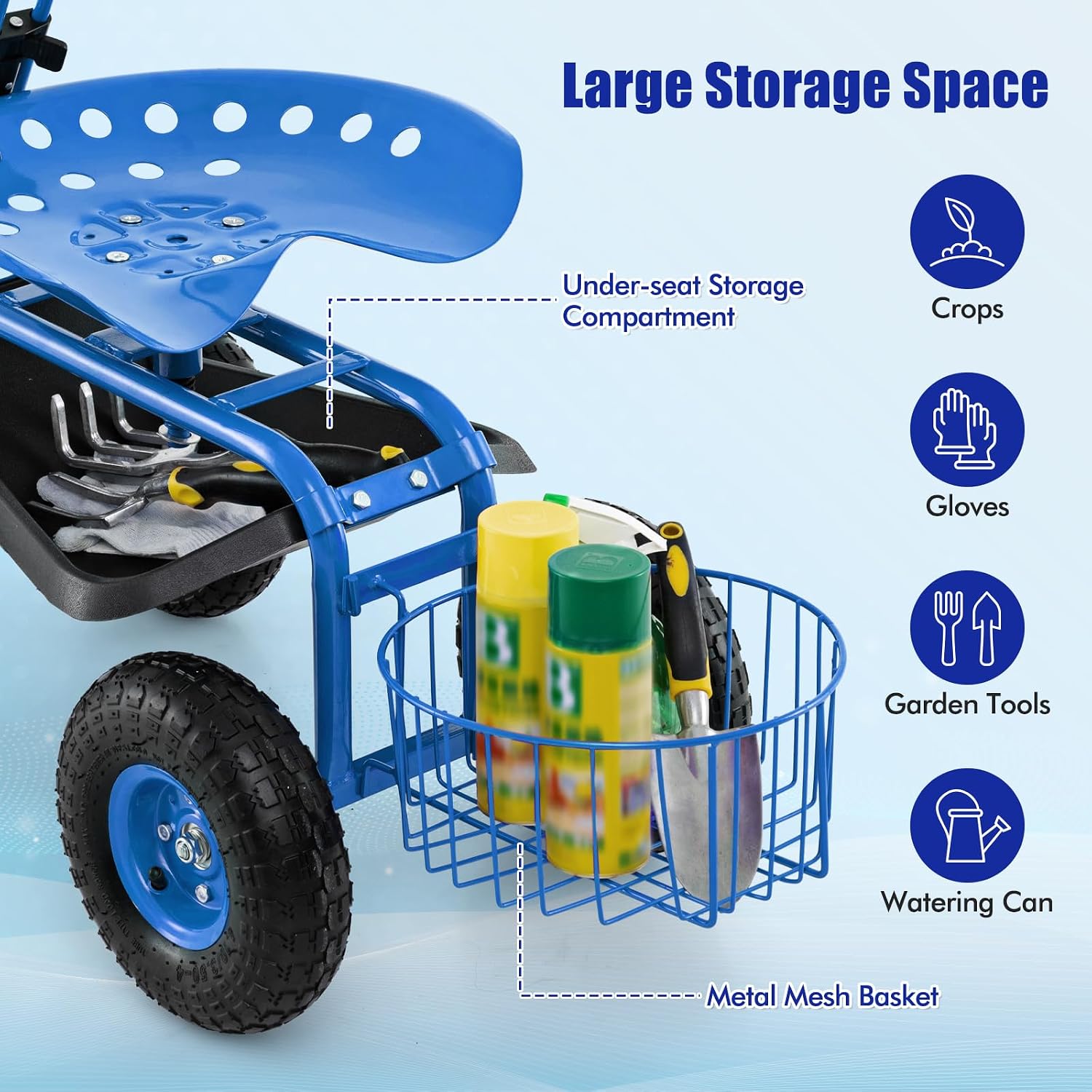 Goplus Rolling Garden Cart with Seat, Outdoor Garden Stool with Wheels, Tool Tray & Basket, Adjustable Steering Handle