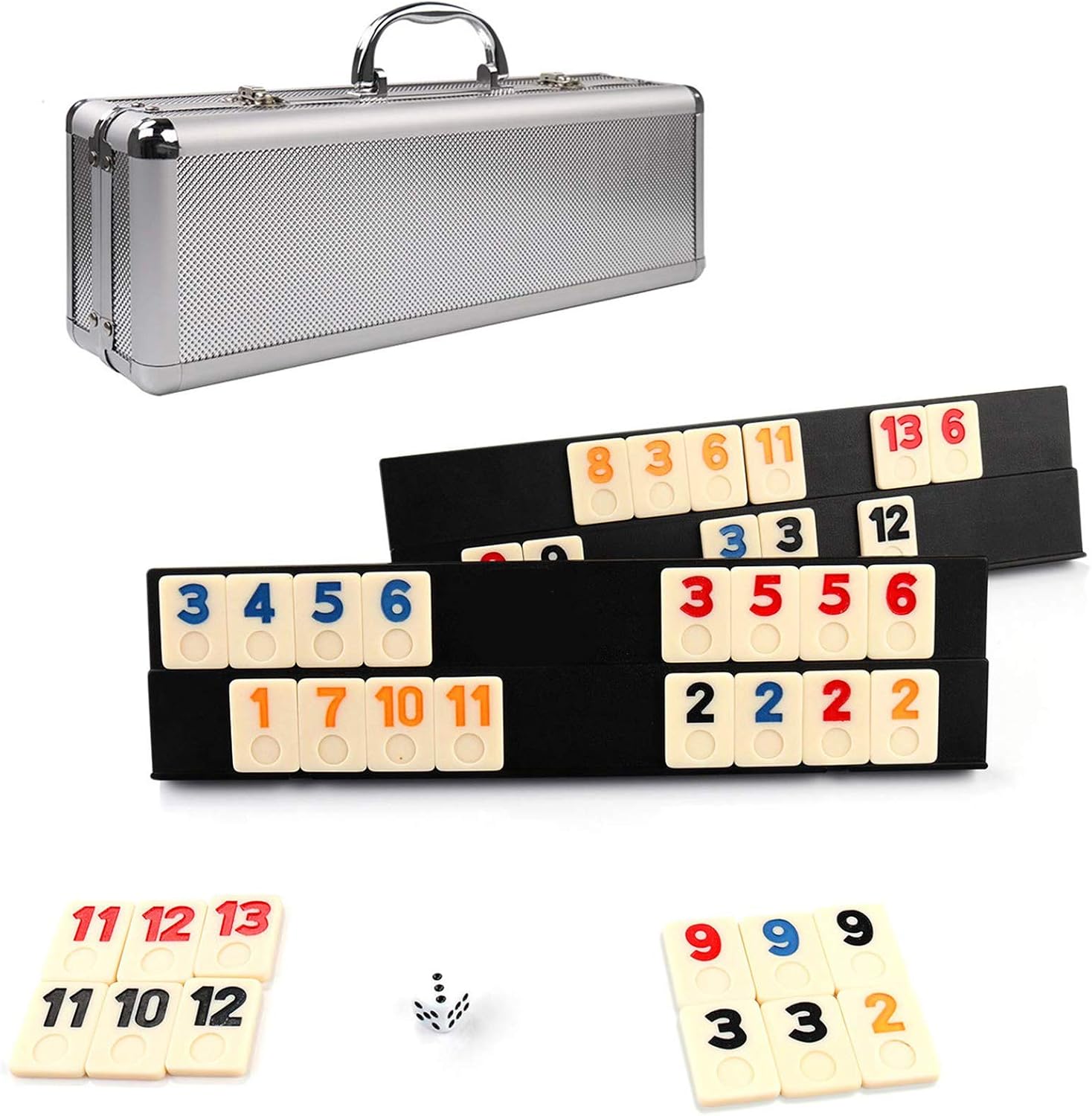 KAILE 106 Rummy Tiles Game, Rummy Cube Sets Travel Game Outlasting Color with Aluminum Case & 4 Anti-Skid Durable Trays,2-4 palyers