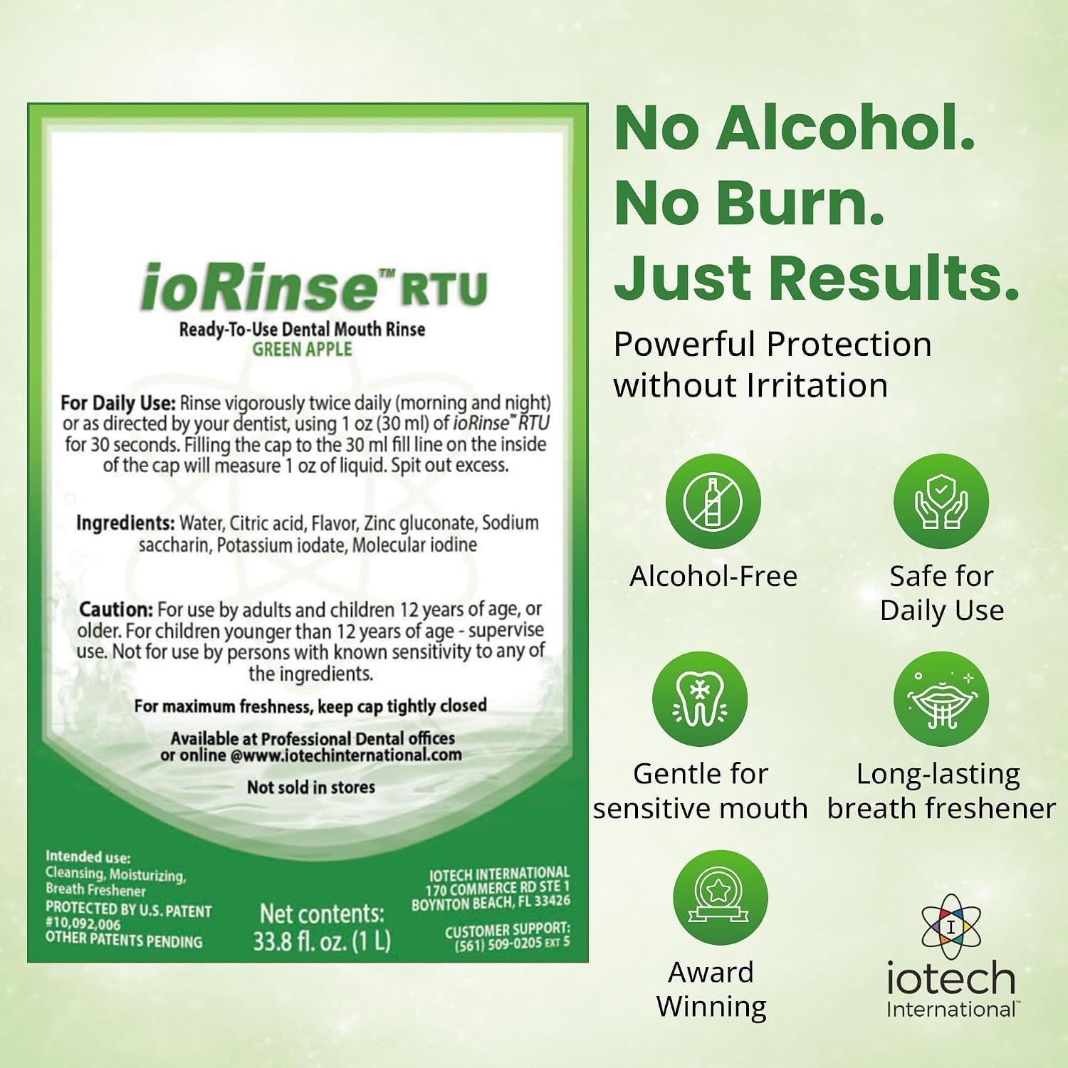 ioRinse RTU Halitosis Mouthwash, Molecular Iodine Oral Rinse, Soft Mint, 1L