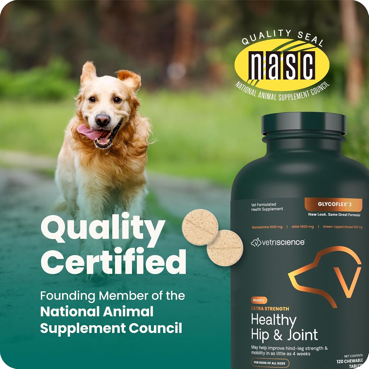 VetriScience Glycoflex 3 Clinically Proven Hip and Joint Supplement for Dogs - Maximum Strength Dog Supplement with Glucosamine, MSM, Green Lipped Mussel & DMG - 120 Count
