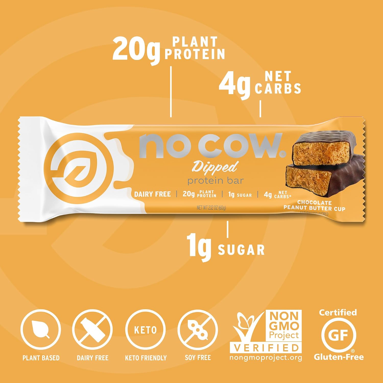 No Cow Peanut Butter Chocolate Chip Vegan Protein Bars, 12 Pack | 20g High Plant-Based Protein, High Fiber, Low Sugar, Gluten-Free, Dairy-Free, Soy-Free, Keto-Friendly Snack Bars