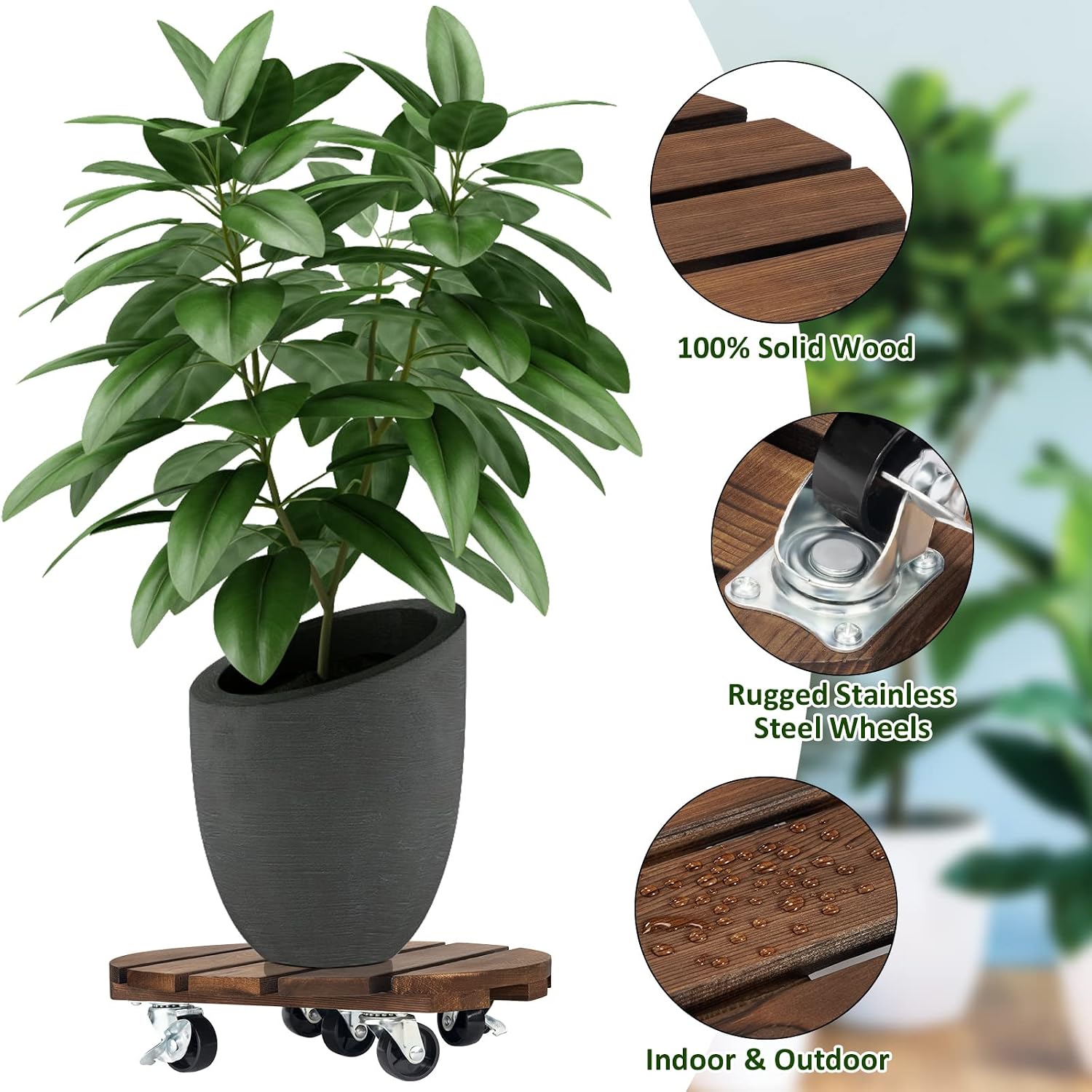 Yangbaga 2pack Plant Caddy 12’’Wood Duty Rolling Plant Stand with 2 360° Lockable Caster Wheels