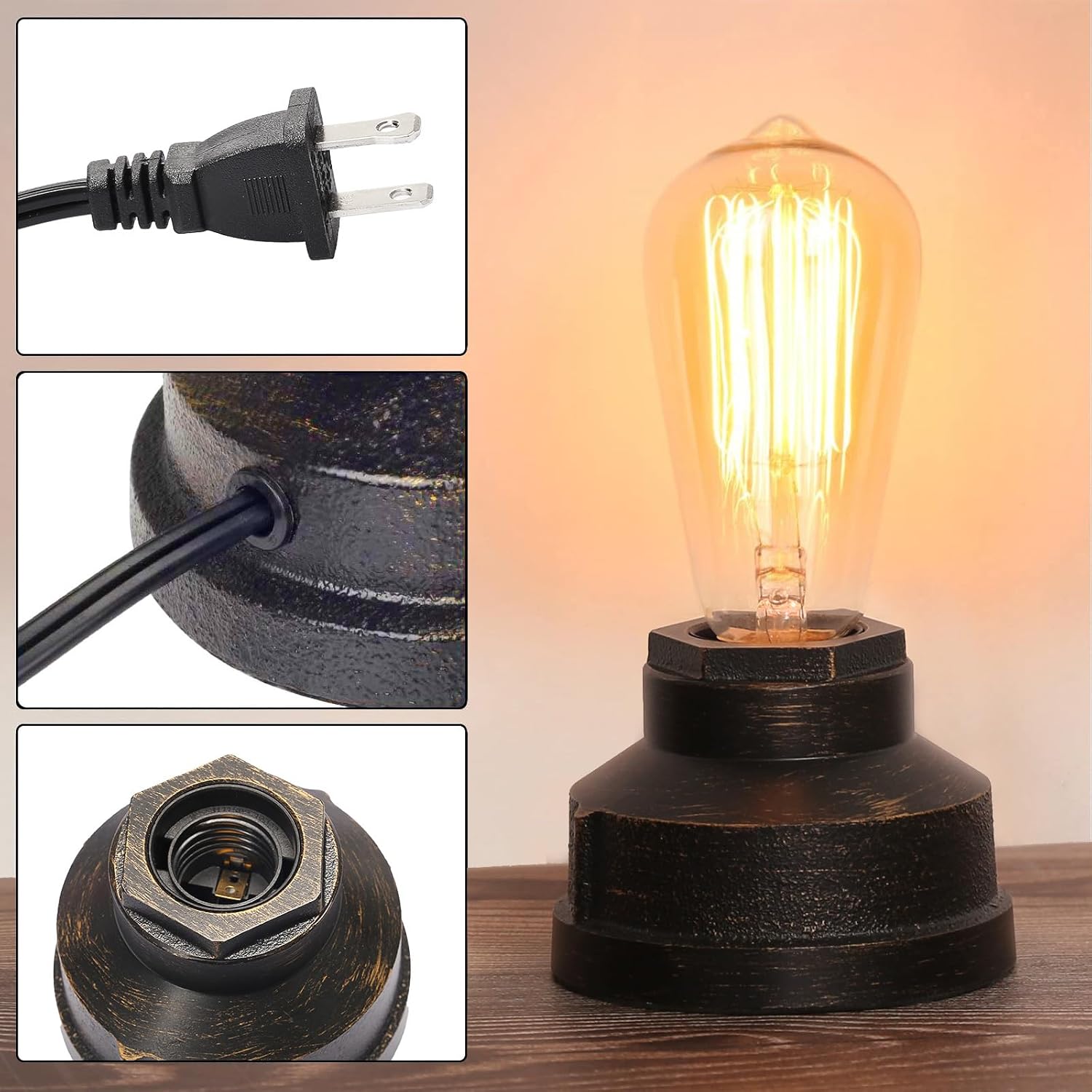 Small Touch Control Table Lamp Base, Industrial Touch Light Vintage Edison Bulb Base, Dimmable Bedside Nightstand Accent Light for Living Room Bedroom