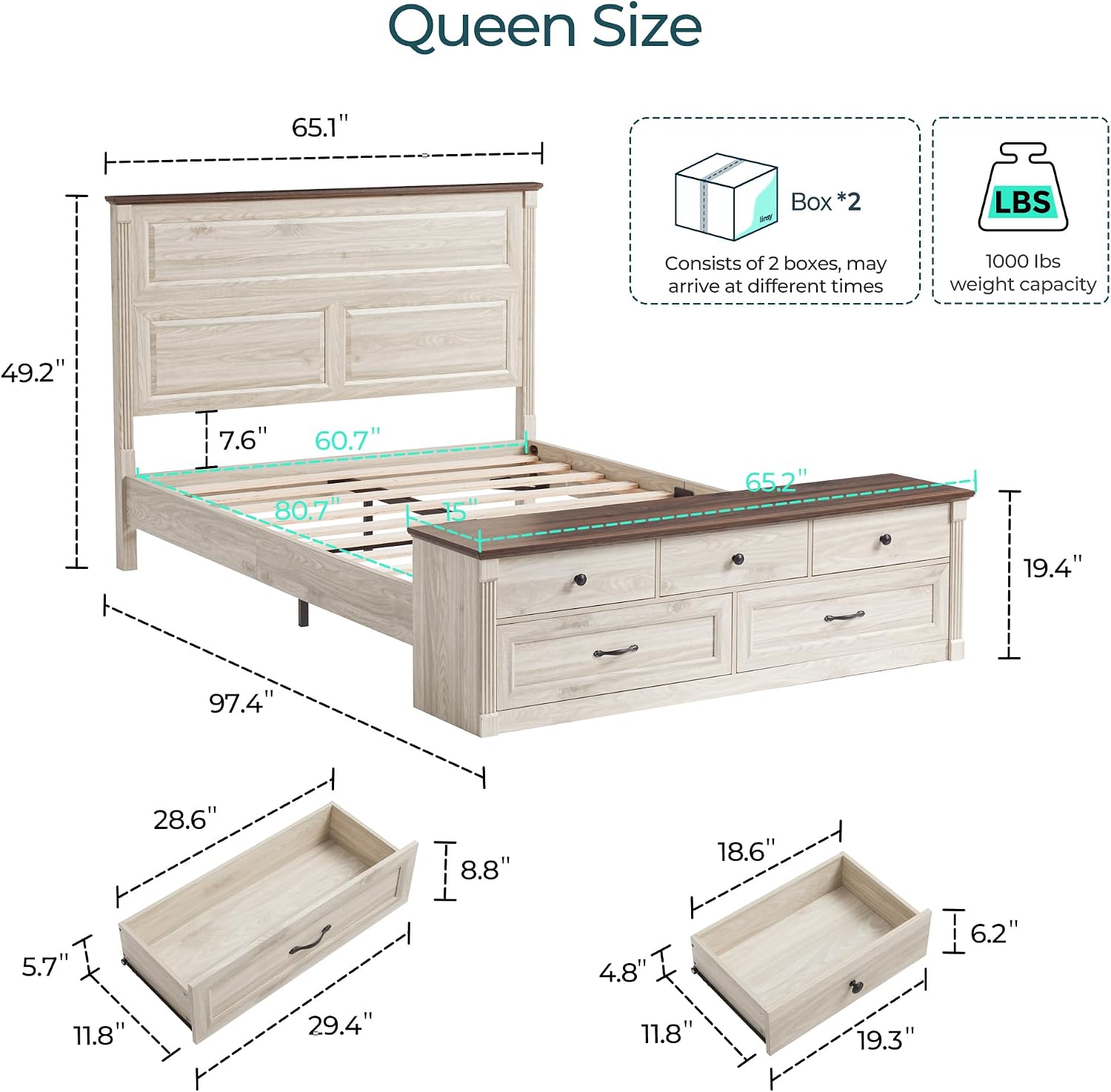 LINSY Storage Bed Frame Queen Bedframe with Drawers, Farmhouse Bed Frame Queen-Size with Headboard and Footboard Bench