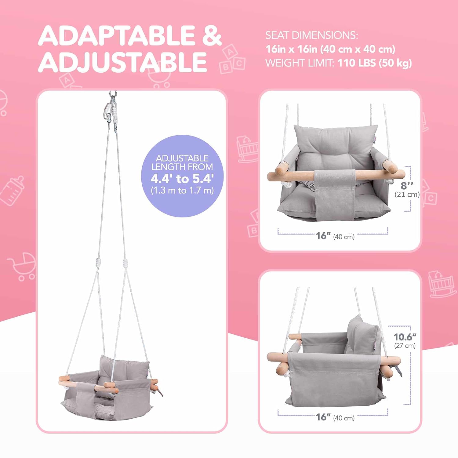 CaTeam Canvas Baby Swing Seat with 5-Point Safety Belt — Wooden Hanging Toddler Swing, Indoor & Outdoor, Ages 1-4, Ceiling Mount Hardware Included