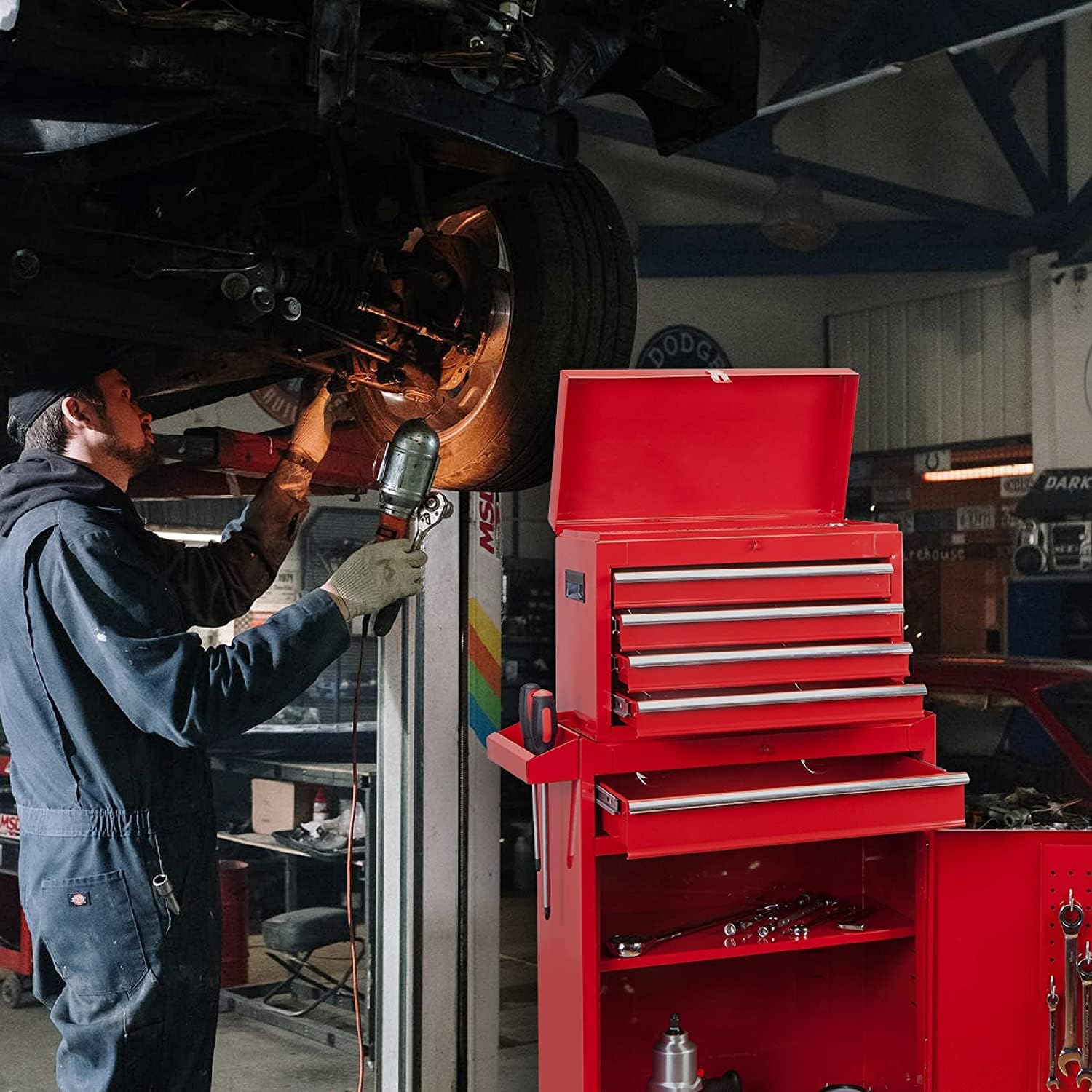 Road DAWG ATBT1204D-Red Torin Rolling Garage Workshop Tool Organizer: Detachable 4 Drawer Tool Chest with Large Storage Cabinet and Adjustable Shelf