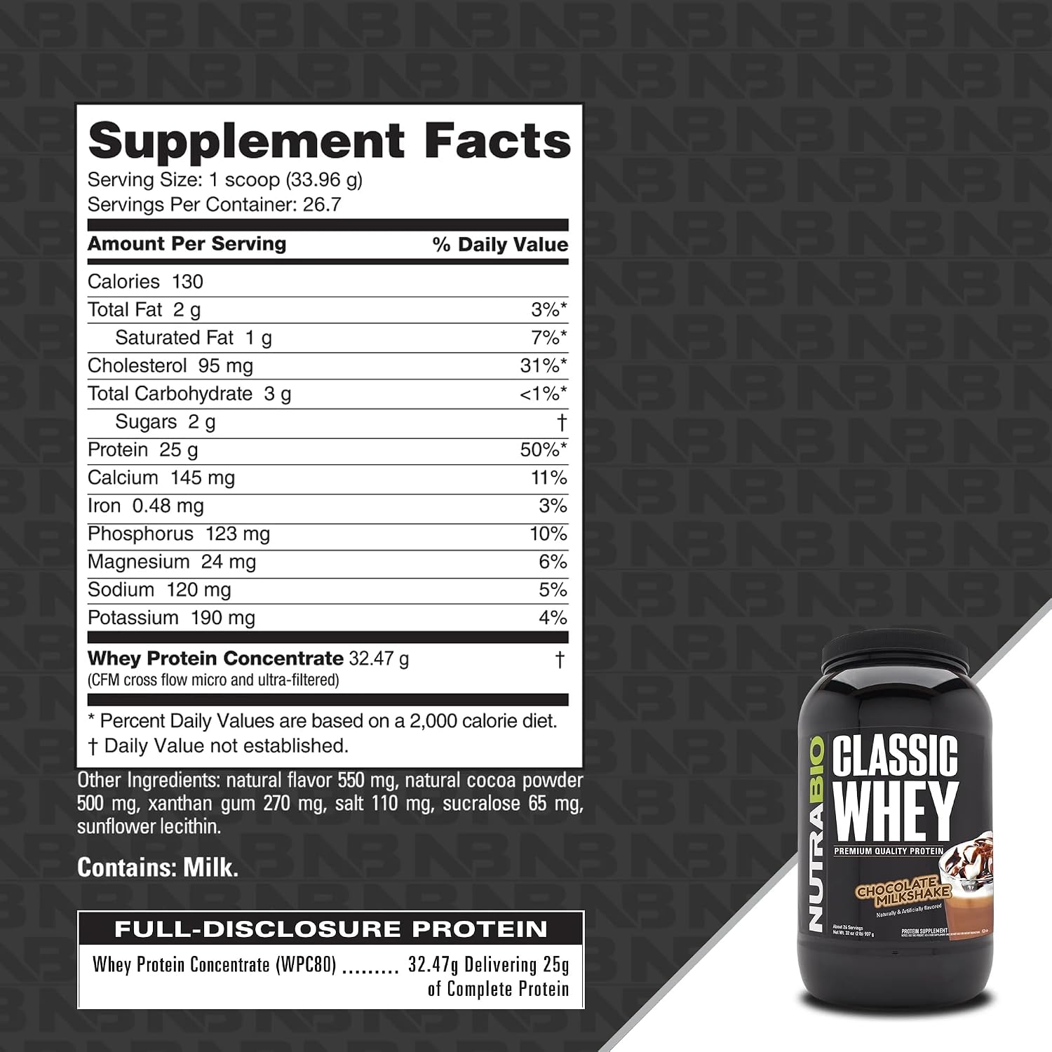 NutraBio Classic Whey Protein Powder- 25G of Protein Per Scoop - No Fillers, Artificial Colors, Preservatives - Chocolate Milkshake, 2 Pounds