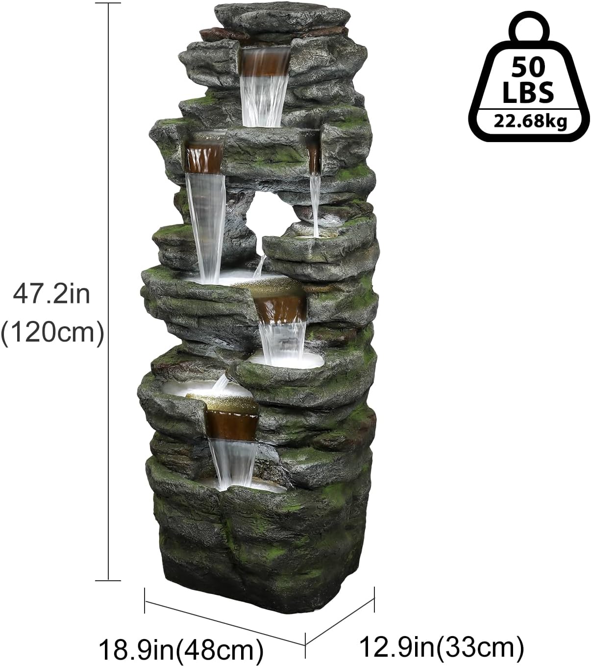 SunJet 40.5” High Rocks Outdoor Water Fountain - 6-Tiers Cascading Waterfall with LED Lights, Soothing Tranquility for Home Garden, Yard Decor