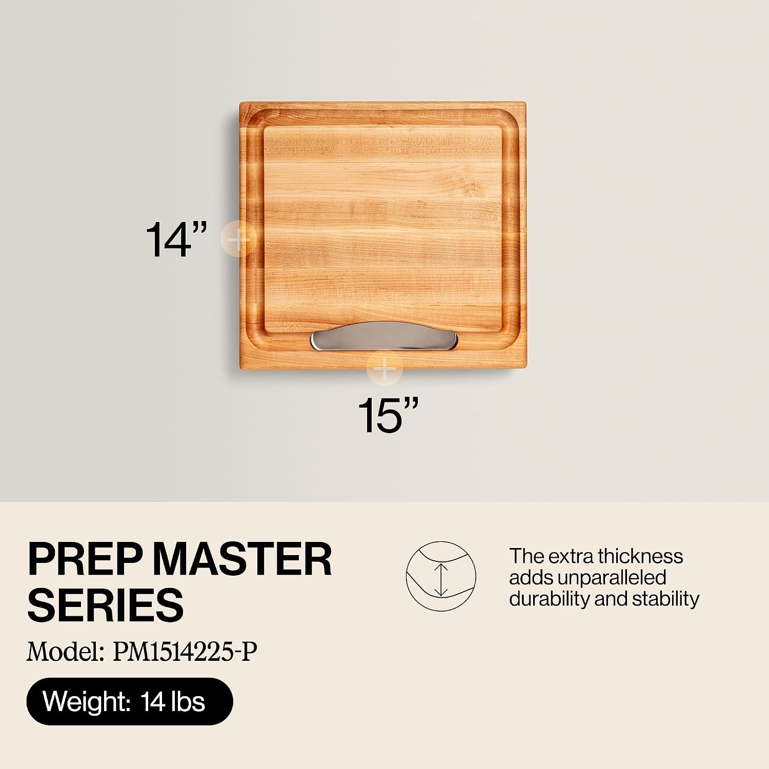 John Boos Newton Prep Master Series Rectangular Wooden Maple Cutting Board 15”x14” – 2.25” Thick, 14-lb Reversible Butcher Block with Catch Pan, Sloped Juice Groove & Edge-Grain – Made in the USA