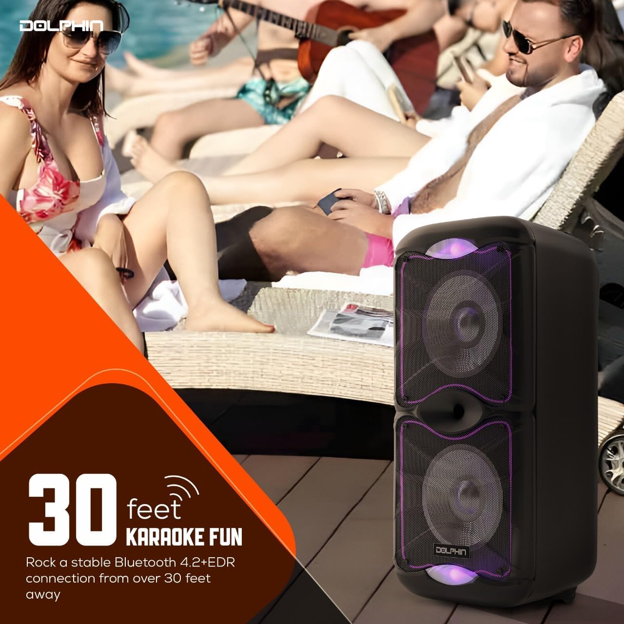 DolphinLarge Bluetooth Party Speaker, Dual 12" Woofers | 3600W Output, WaveSync Pairing, 5-Band EQ, USB, SD, TF, FM & AUX Inputs