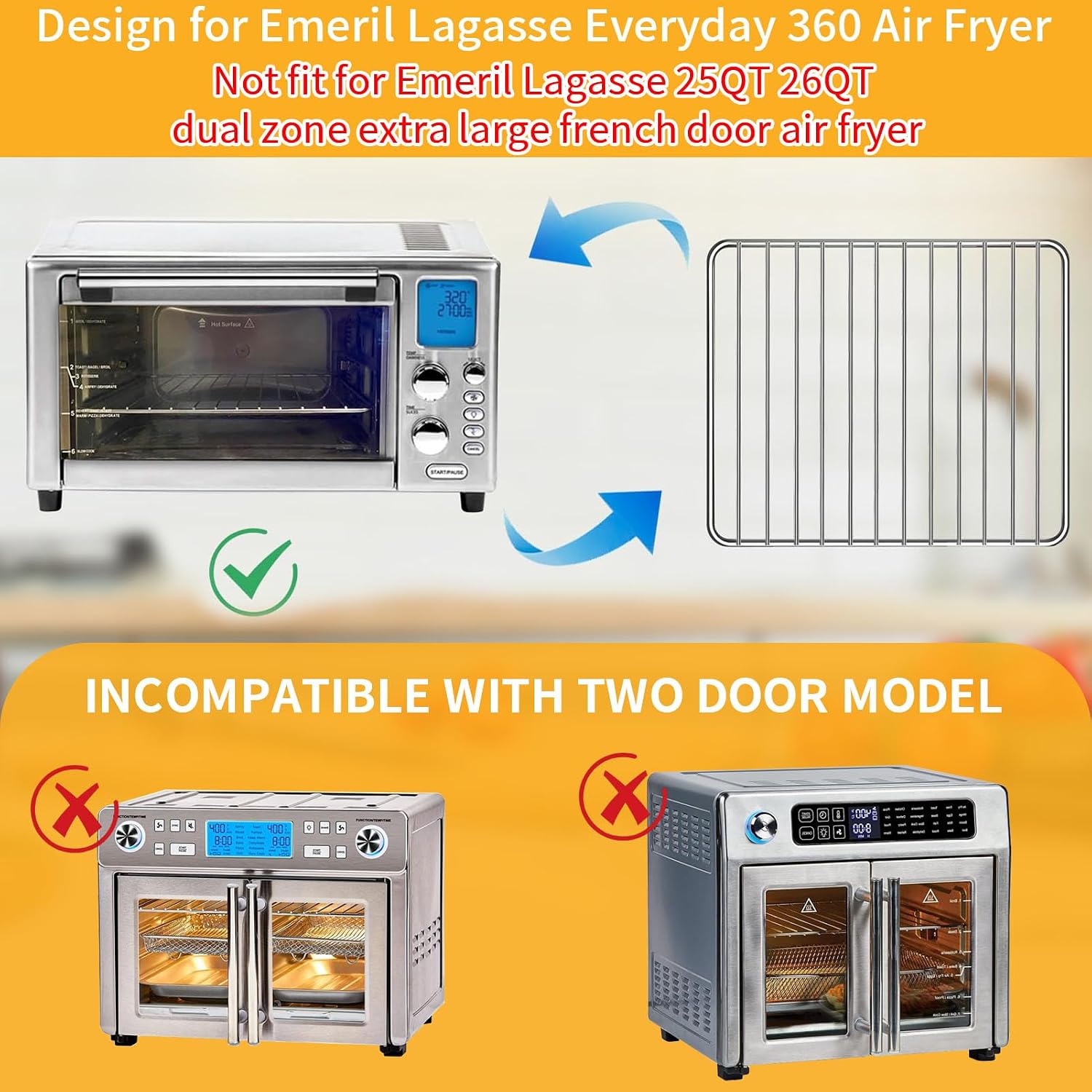 Air Fryer Grill Pan & Wire Rack 2-in-1 Set for Emeril Lagasse Everyday 360, 12"x10" Stainless Steel Replacement