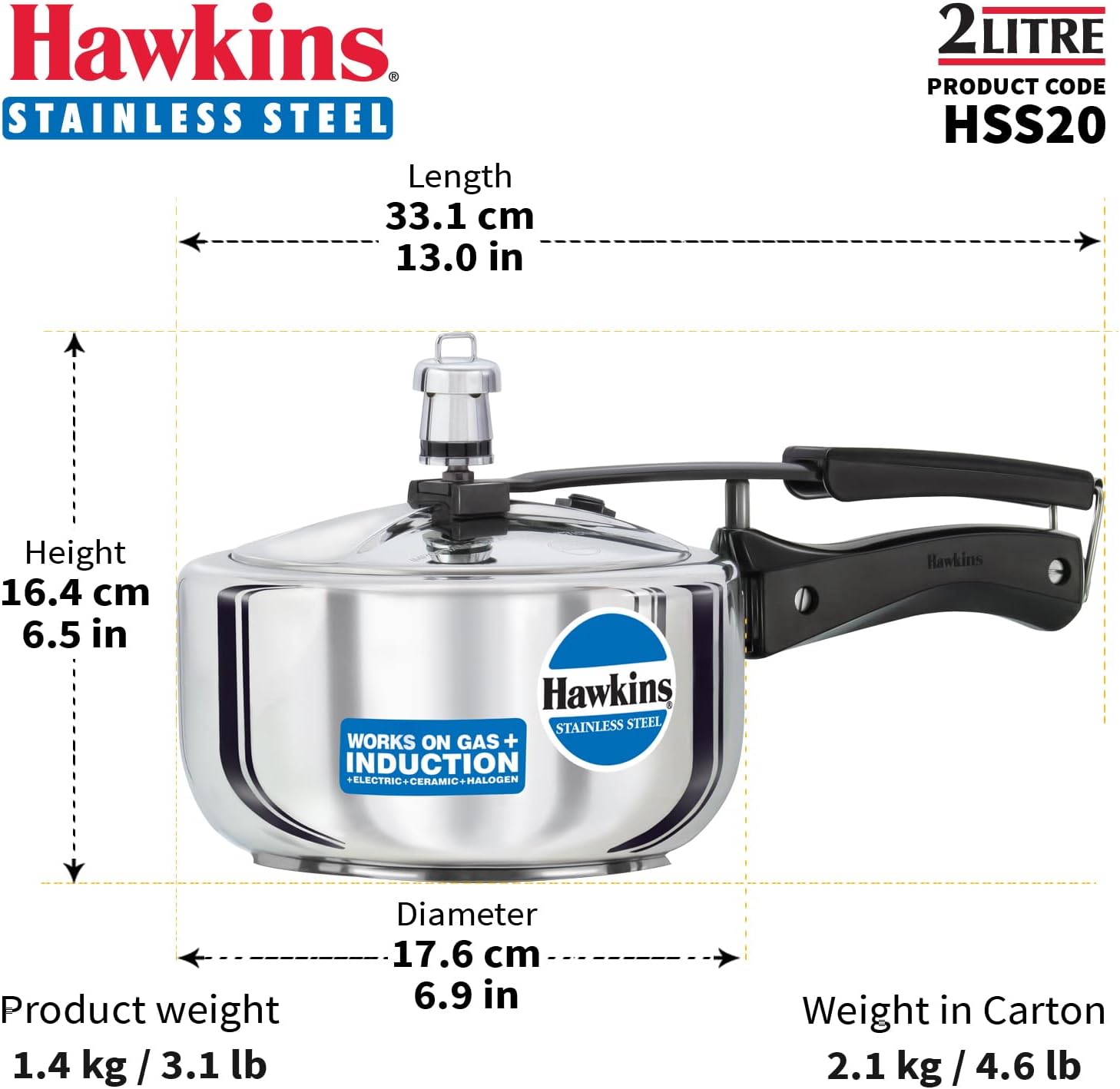 Hawkins Pressure Cooker, Stainless Steel Inner Lid Cooker, Induction Cooker, Small Cooker, Silver HSS20 2 Litre