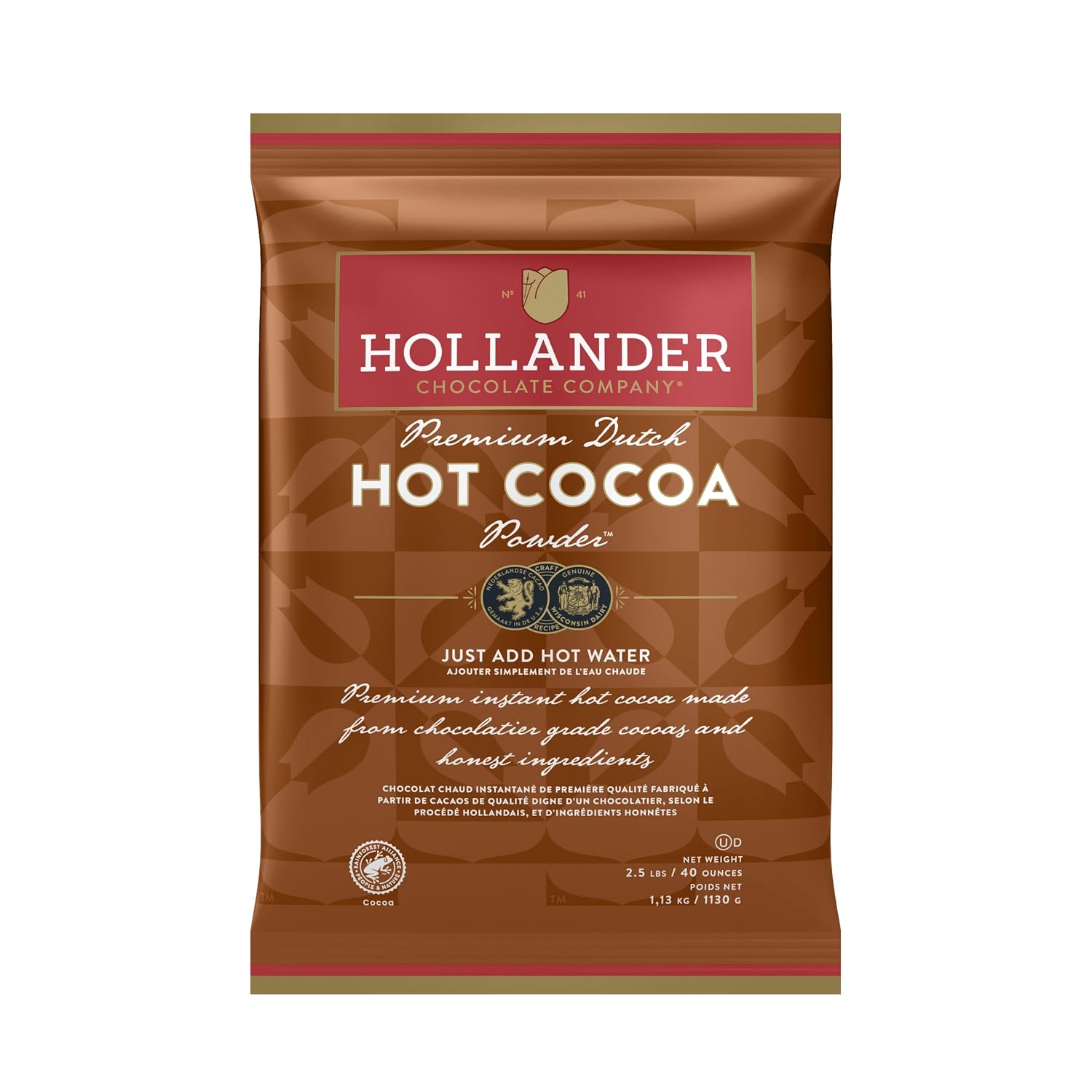 Hollander Chocolate Dutched Premium Hot Cocoa, 2.5 lbs | Nostalgic Rich & Creamy Flavor, Natural Vanilla, Water and Milk Soluble, Bulk Bag