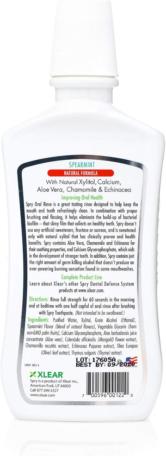 Spry Natural Xylitol Oral Rinse Mouthwash, Spearmint - 16 fl oz (Pack of 1) | Natural, Fluoride Free, Enamel Support, Low Alcohol, Gentle for Sensitive Mouth and Gum, Non-GMO, No Burn