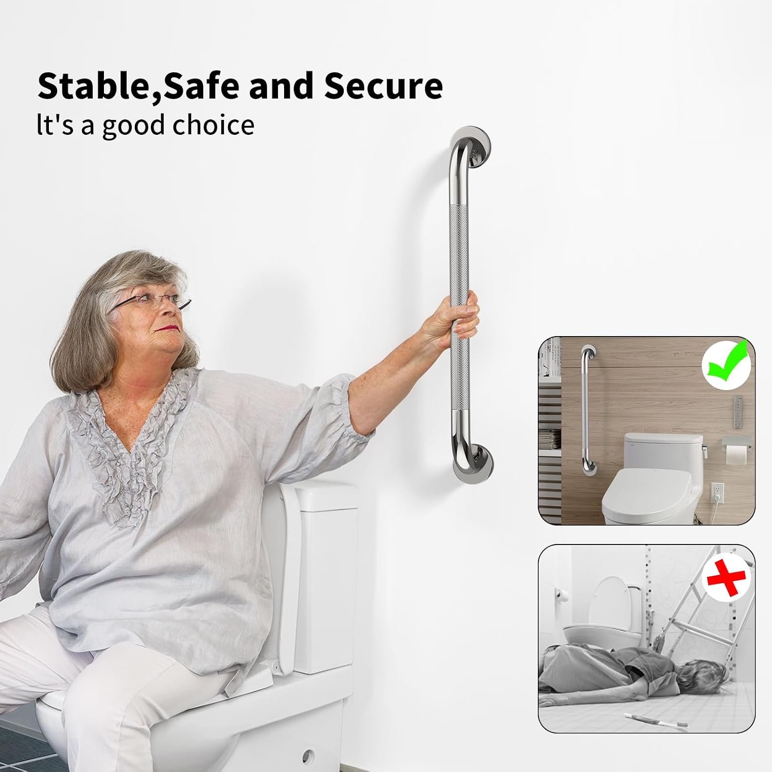40 Inch Brushed Nickel Shower Grab Bar Anti-Slip Knurled Grip,Safety Handle | YuanDe 1.25" Diameter Stainless Steel Bathroom Grab Bars, Handicap Injury Elderly Senior Assist Support Shower Handle-2Packs