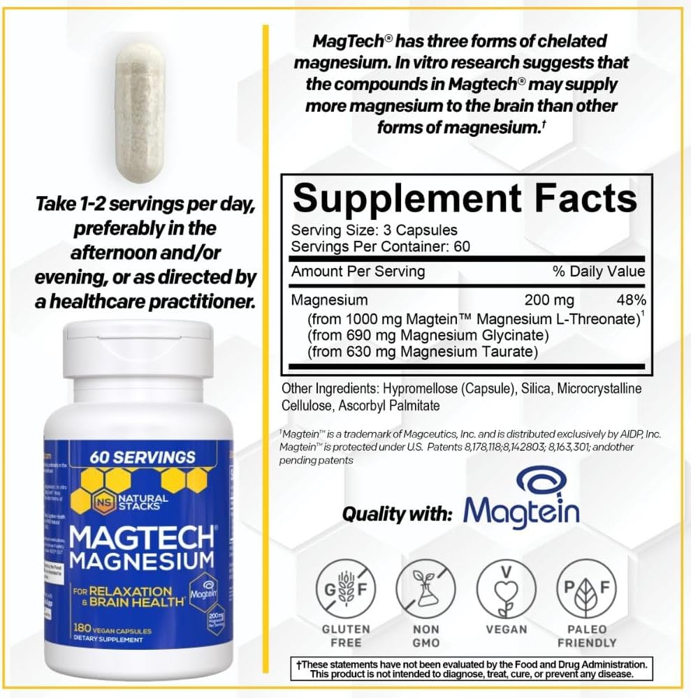 MagTech Magnesium Complex Glycinate, L-Threonate and Taurate, 90 Capsules | Advanced 3 in 1 200mg Chelated Triple Blend w/ Magtein - Supports Relaxation & Brain Health for Women & Men - Natural Stacks