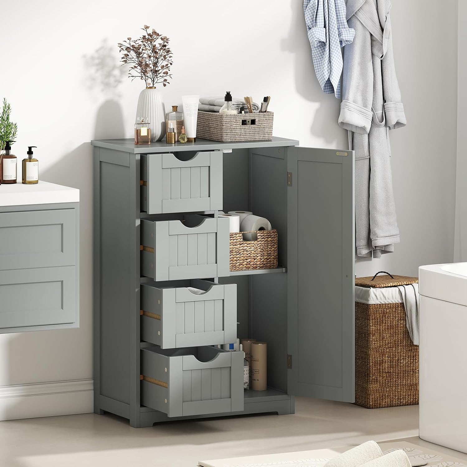 Giantex Storage Cabinet with 4 Drawers, Bathroom Storage Organizer with Cupboard, Adjustable Shelf, Anti-Toppling Device, Floor Cabinet, Entryway Storage Unit Console Table, White