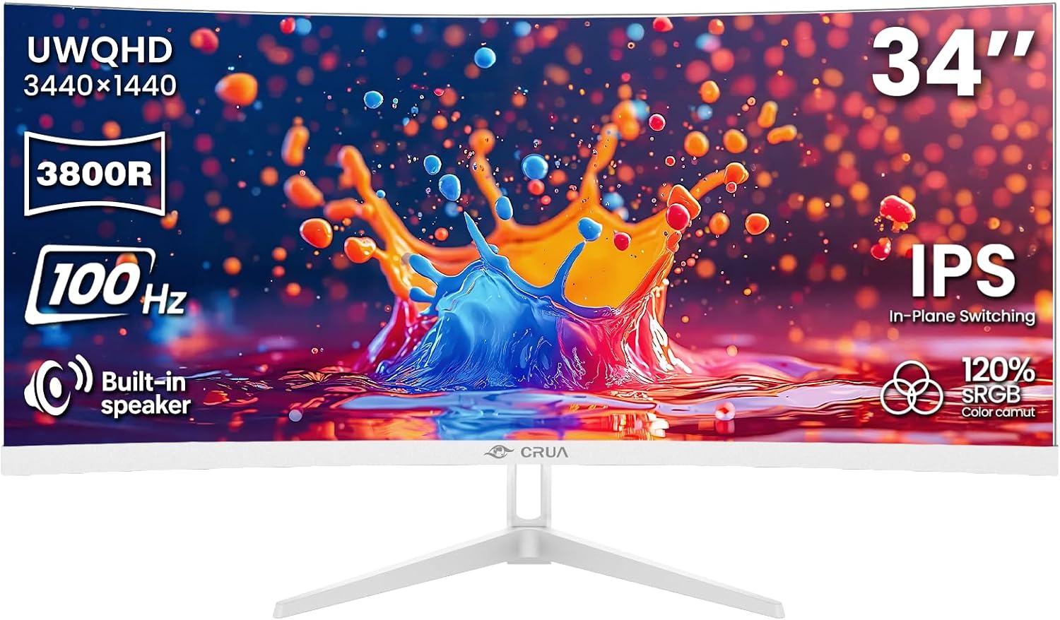 CRUA 34 Inch 21:9 UWQHD 100Hz IPS Ultrawide Curved Monitor, Speakers, White | 120% sRGB, 92% DCI-P3, 1.07B Colors, FreeSync, Blue Light, 3800R, HDMI 2.0, DP 1.4, 100x100 Mount, Office, Editing, Design PC
