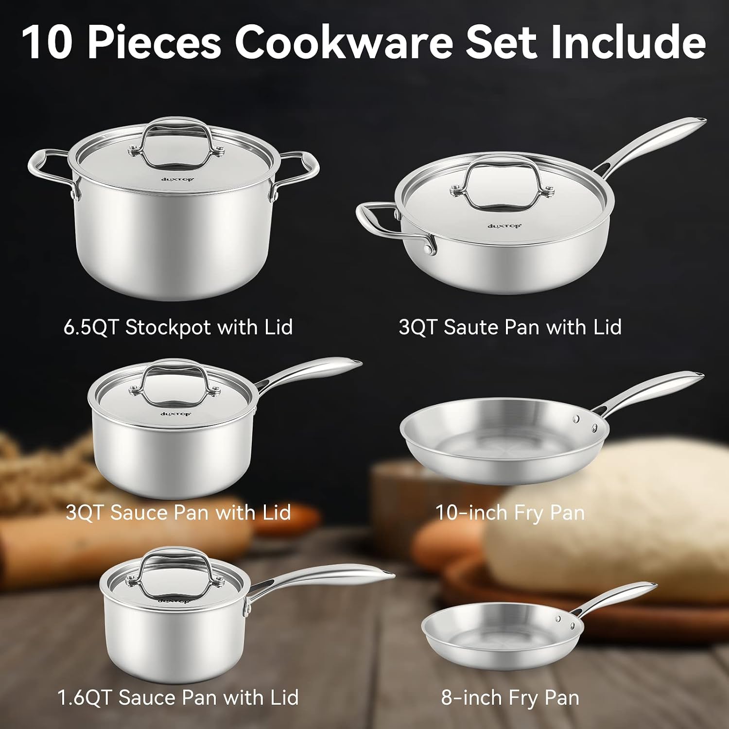 Duxtop Tri-Ply Stainless Steel Induction Cookware, 10PC Pots and Pans Set | Whole Clad 3-Layer Steel, Family Cookware Set, Even Heating