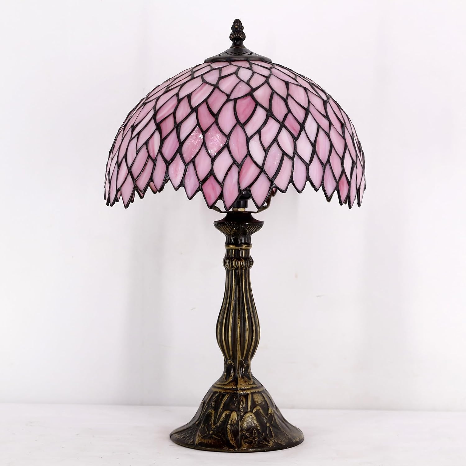 WERFACTORY Tiffany Table Lamp Pink Wisteria Style Stained Glass Desk Light | Bedside Reading Light 12X12X18 Inches Decor Bedroom Living Room Home